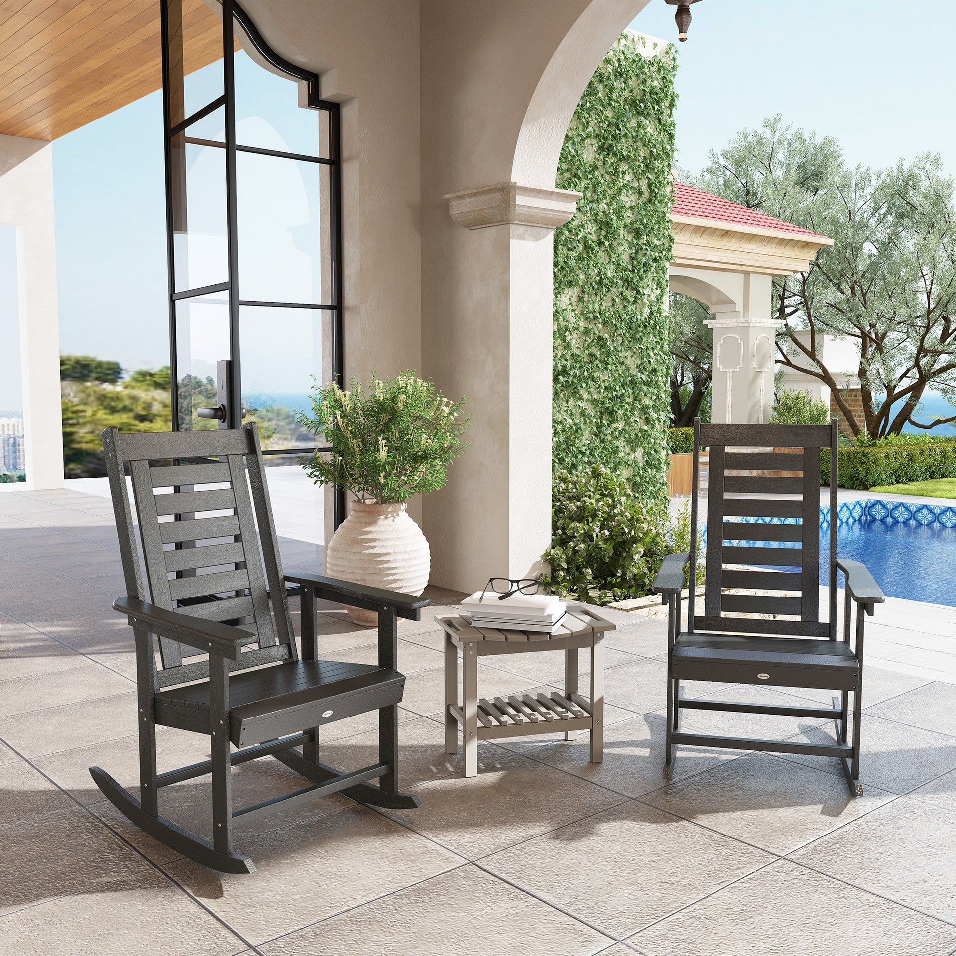 Outsunny 2 Pieces Outdoor Rocking Chairs, HDPE Patio Rockers with 28" High Back, Wide Armrests for Porch Backyard, Dark Gray