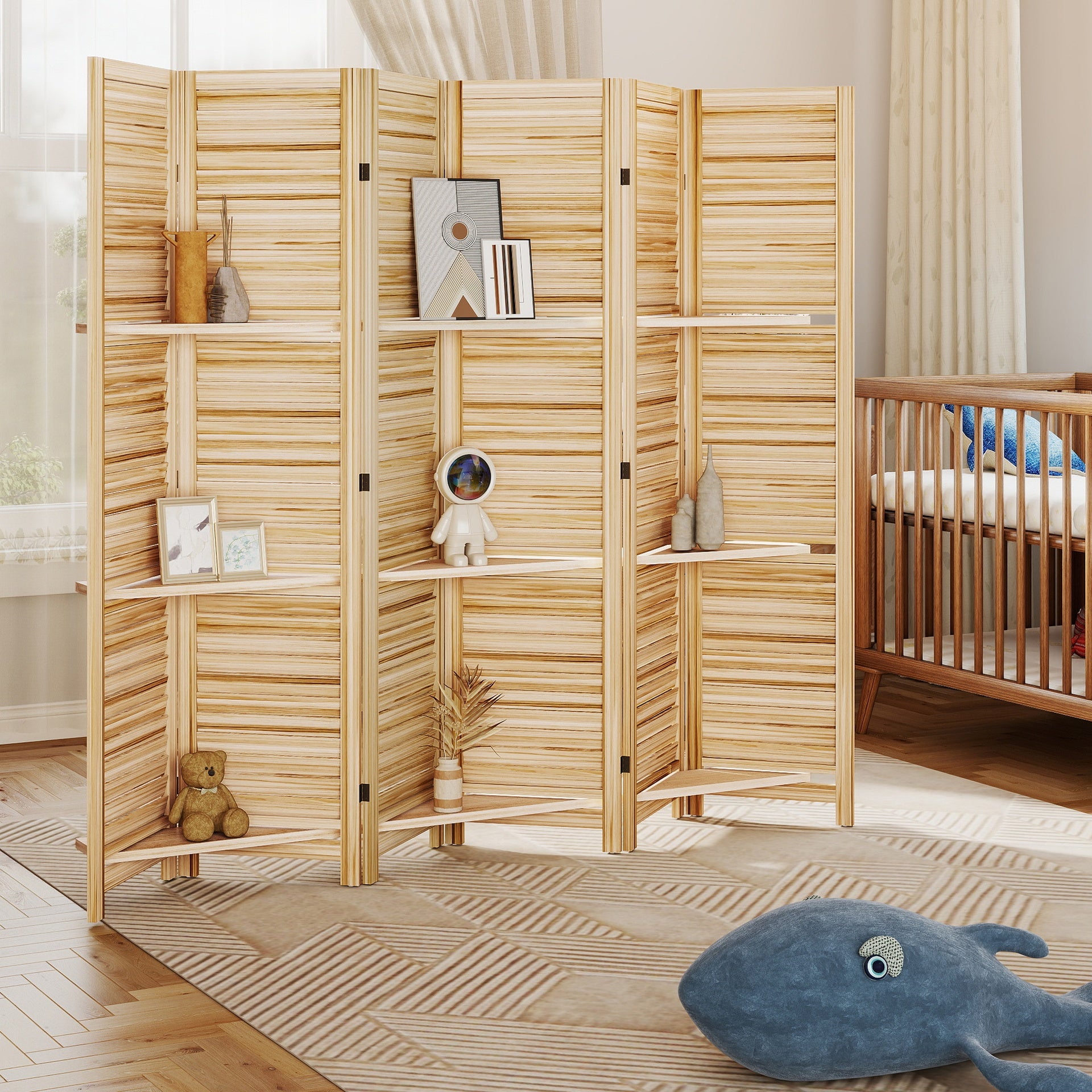 HOMCOM 6 Panel 67" Tall Wood Privacy Screen Room Divider with 3 Shelves and Folding Storage for Bedroom, Natural Wood