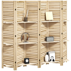 HOMCOM 6 Panel 67" Tall Wood Privacy Screen Room Divider with 3 Shelves and Folding Storage for Bedroom, Natural Wood