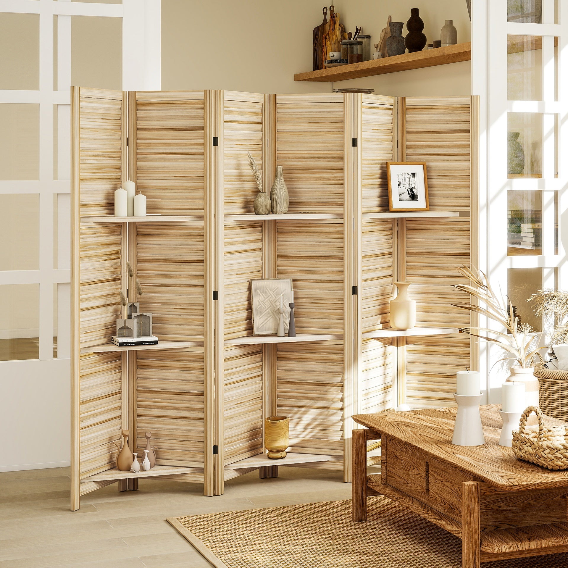 HOMCOM 6 Panel 67" Tall Wood Privacy Screen Room Divider with 3 Shelves and Folding Storage for Bedroom, Natural Wood
