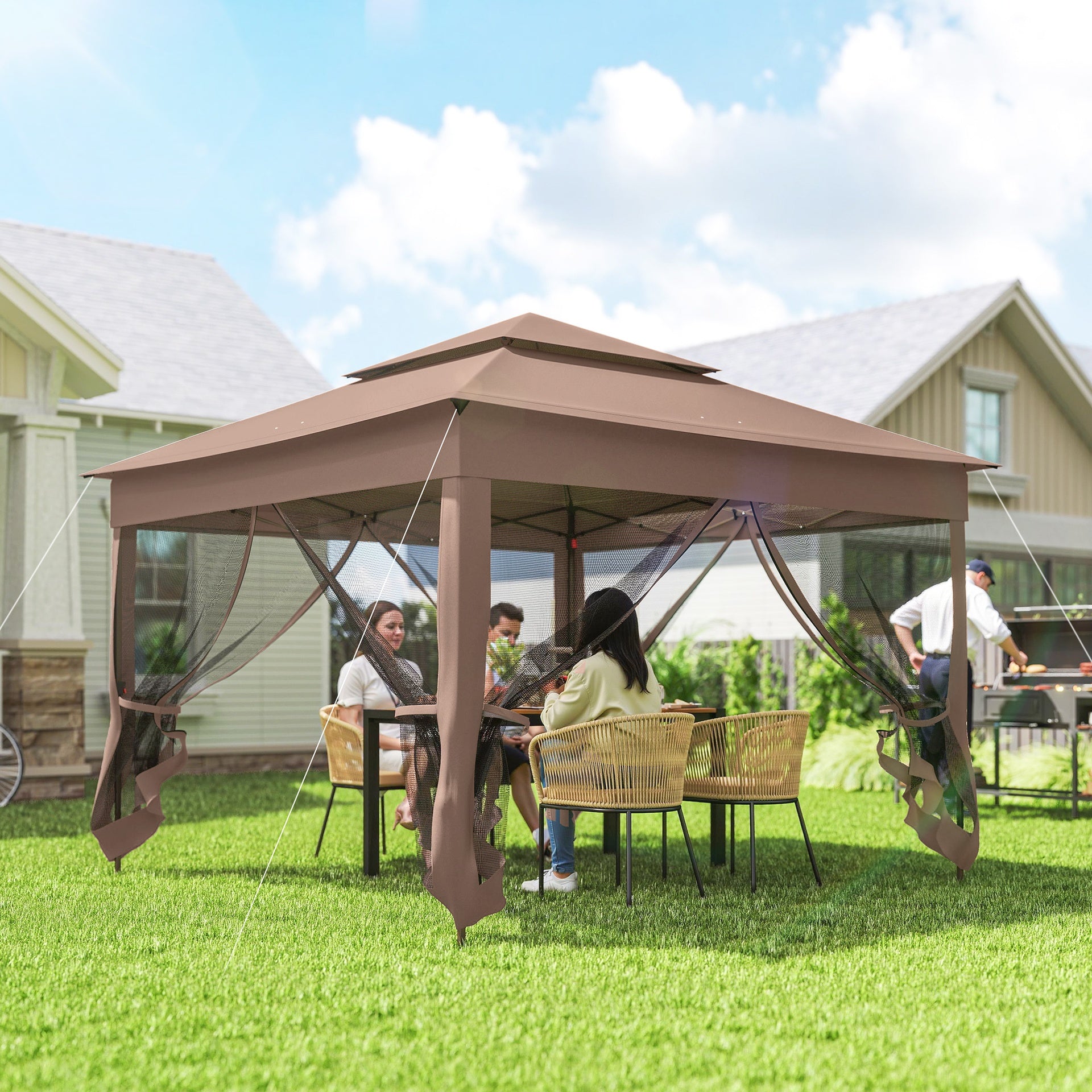 Outsunny Outdoor Patio Pop Up Canopy Gazebo Shelter with Zipper Netting, Carry Bag, 11' x 11', Brown