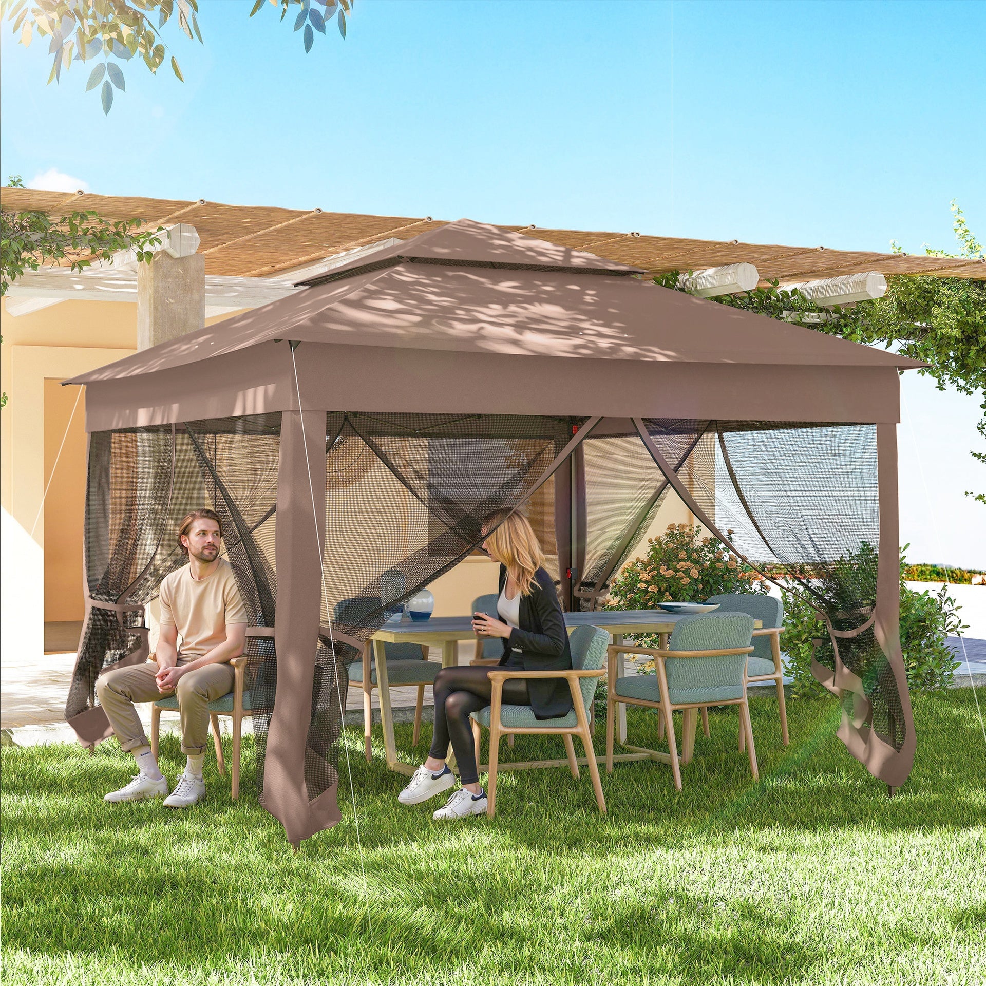 Outsunny Outdoor Patio Pop Up Canopy Gazebo Shelter with Zipper Netting, Carry Bag, 11' x 11', Brown