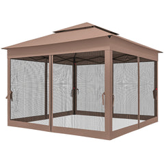 Outsunny Outdoor Patio Pop Up Canopy Gazebo Shelter with Zipper Netting, Carry Bag, 11' x 11', Brown