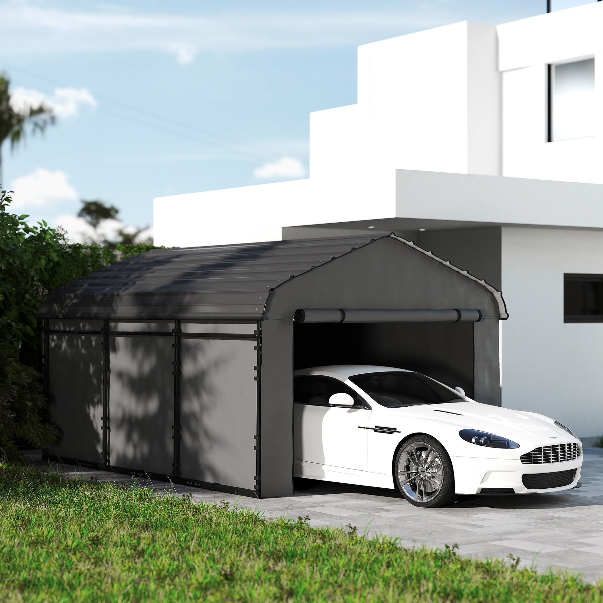 Outsunny 10' x 15' Metal Carport, Heavy Duty Garage Car Canopy with Galvanized Metal Roof and Removable Sidewalls, Dark Gray
