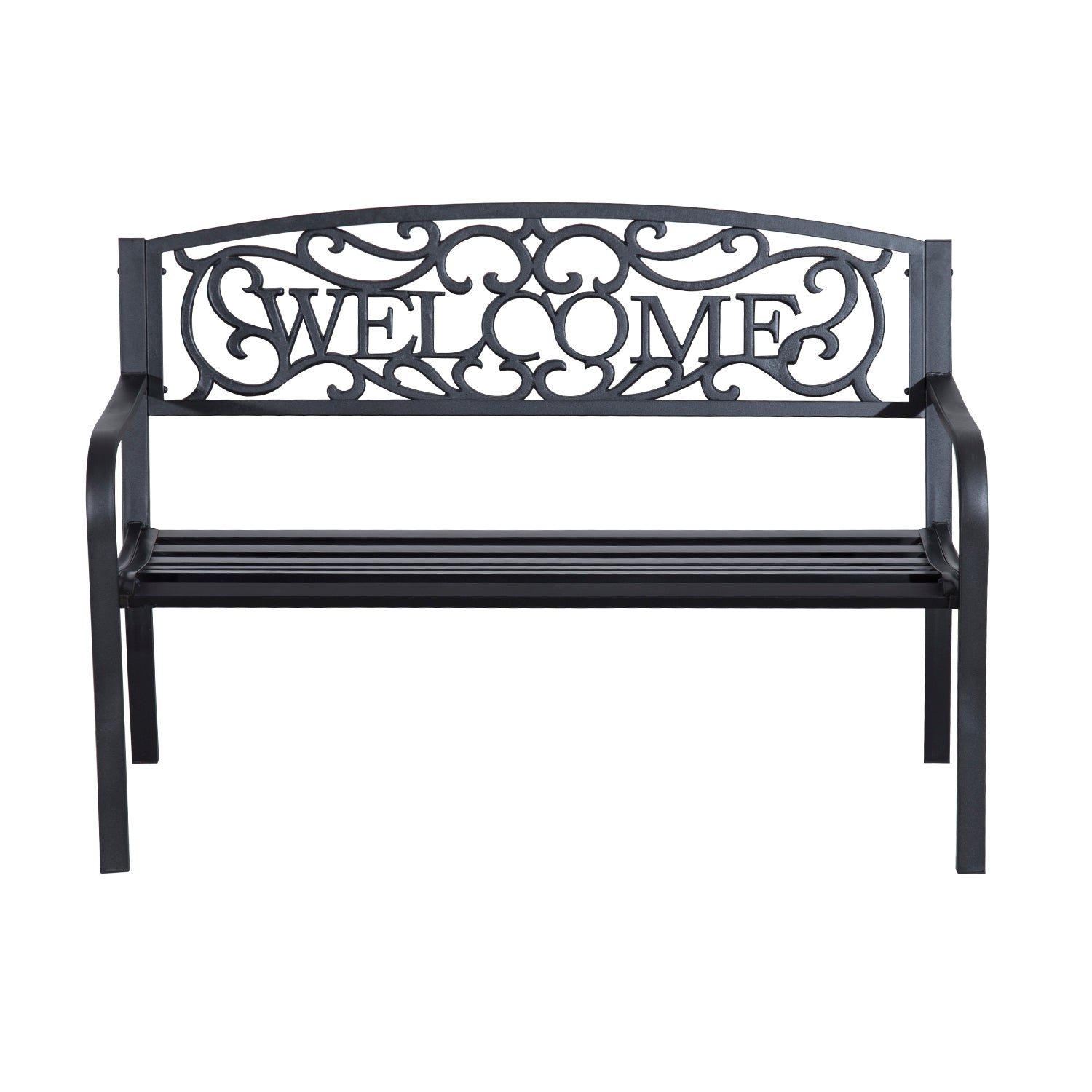 Outsunny 50" 2-Person Garden Bench Loveseat with Cast Iron Decorative Welcome Vines, Outdoor Patio Bench for Backyard, Porch, Entryway