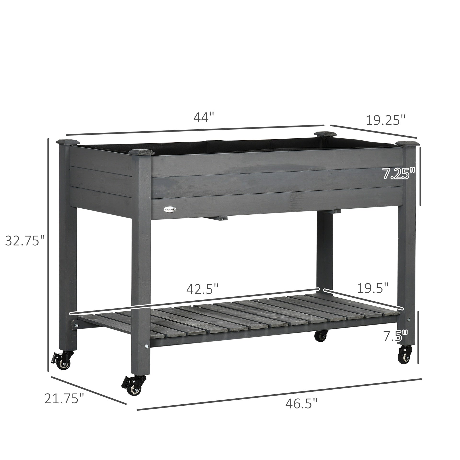 Outsunny 47" x 21" Raised Garden Bed Elevated Wooden Planter Box w/ Lockable Wheels, Storage Shelf for Backyard, Dark Gray