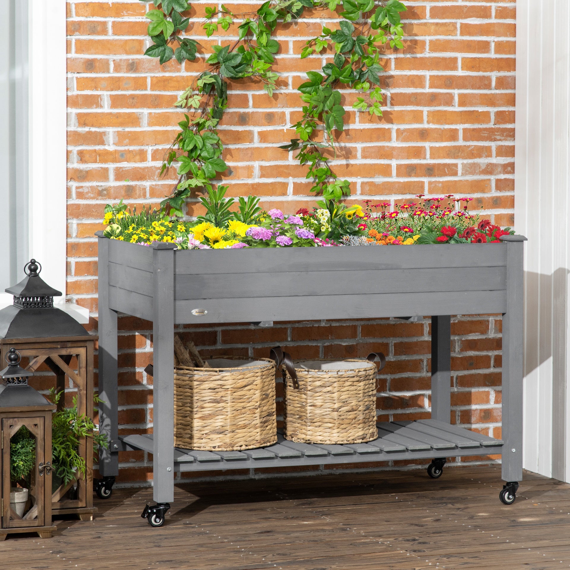 Outsunny 47" x 21" Raised Garden Bed Elevated Wooden Planter Box w/ Lockable Wheels, Storage Shelf for Backyard, Dark Gray