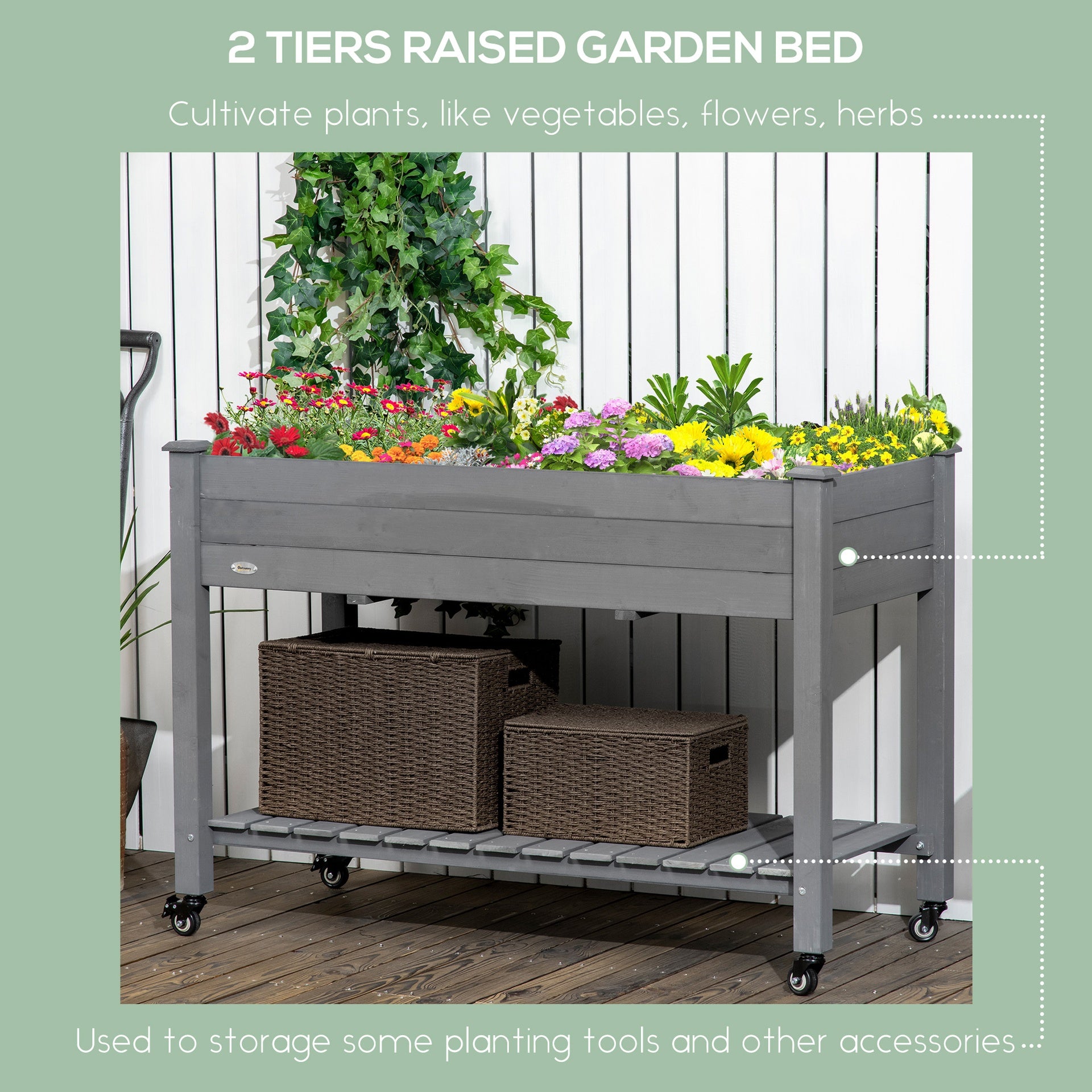 Outsunny 47" x 21" Raised Garden Bed Elevated Wooden Planter Box w/ Lockable Wheels, Storage Shelf for Backyard, Dark Gray