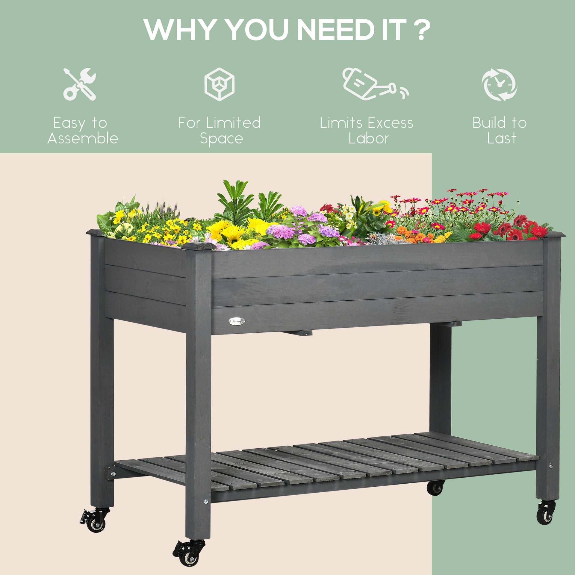 Outsunny 47" x 21" Raised Garden Bed Elevated Wooden Planter Box w/ Lockable Wheels, Storage Shelf for Backyard, Dark Gray