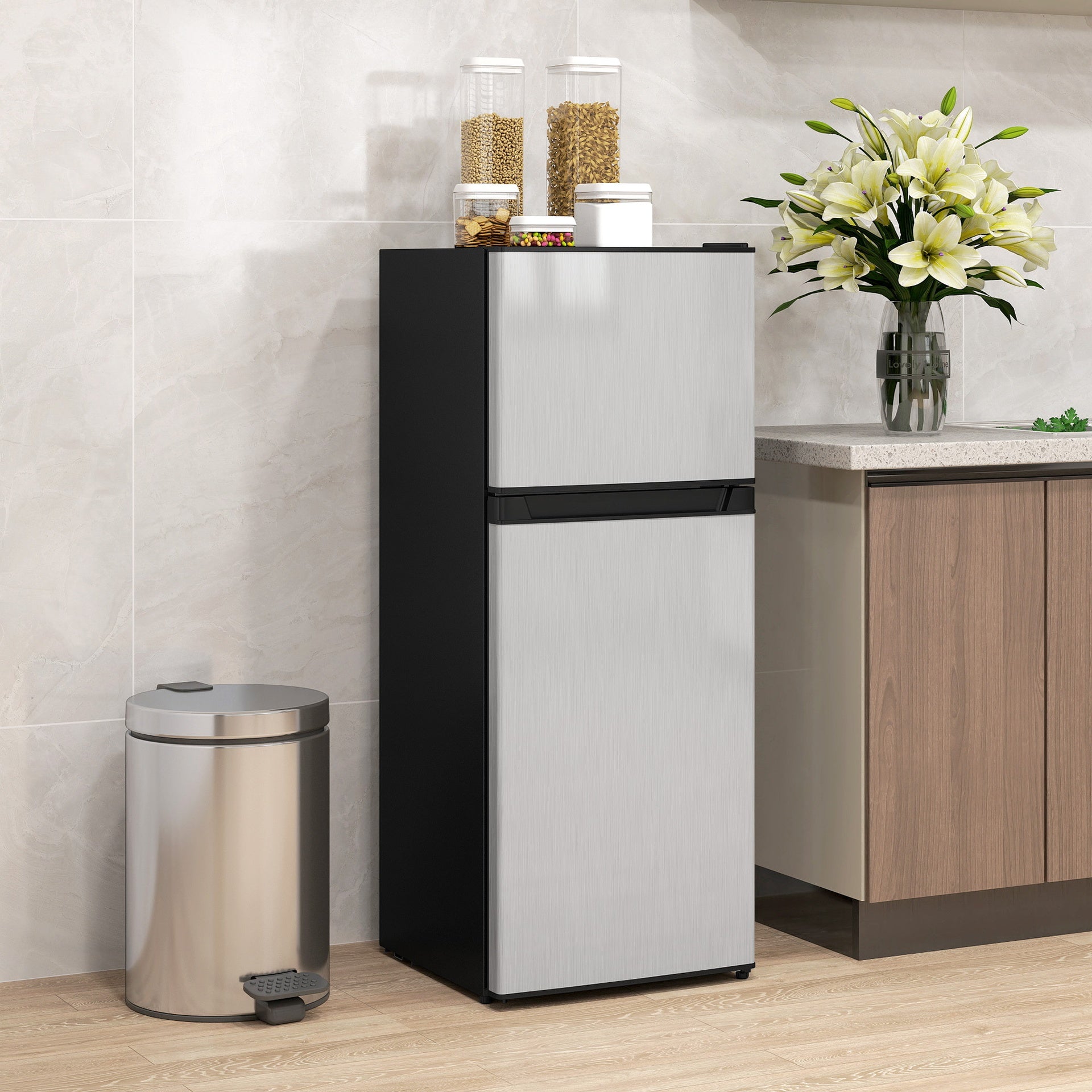 HOMCOM Small Fridge with Freezer, 4 Cu Ft Refrigerator with Reversible Doors, Silver