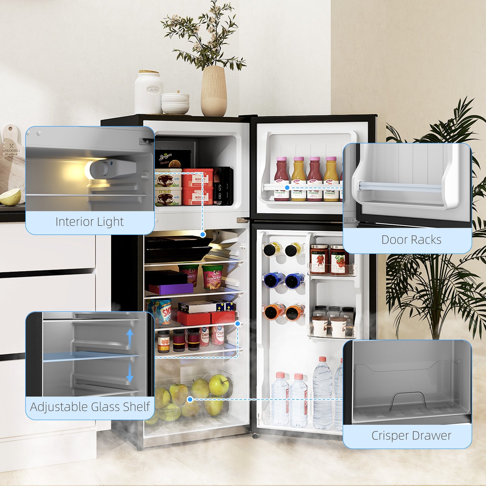 HOMCOM Small Fridge with Freezer, 4 Cu Ft Refrigerator with Reversible Doors, Silver