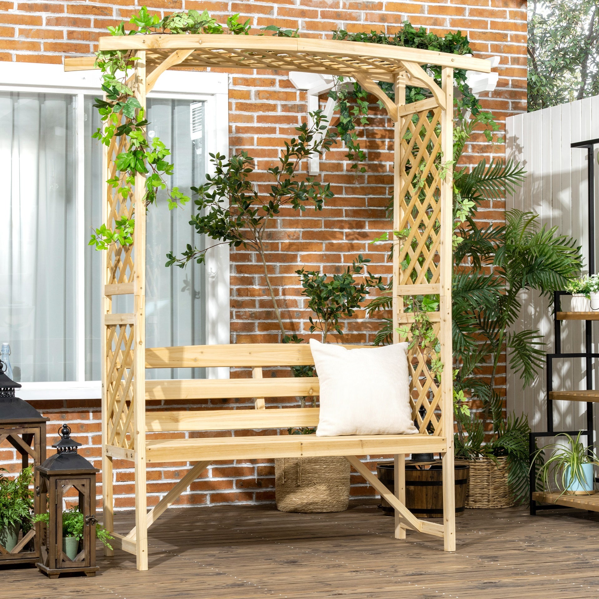 Outsunny Patio Garden Bench, Wooden Bench, Outdoor Bench for Vines/Climbing Plants, Natural