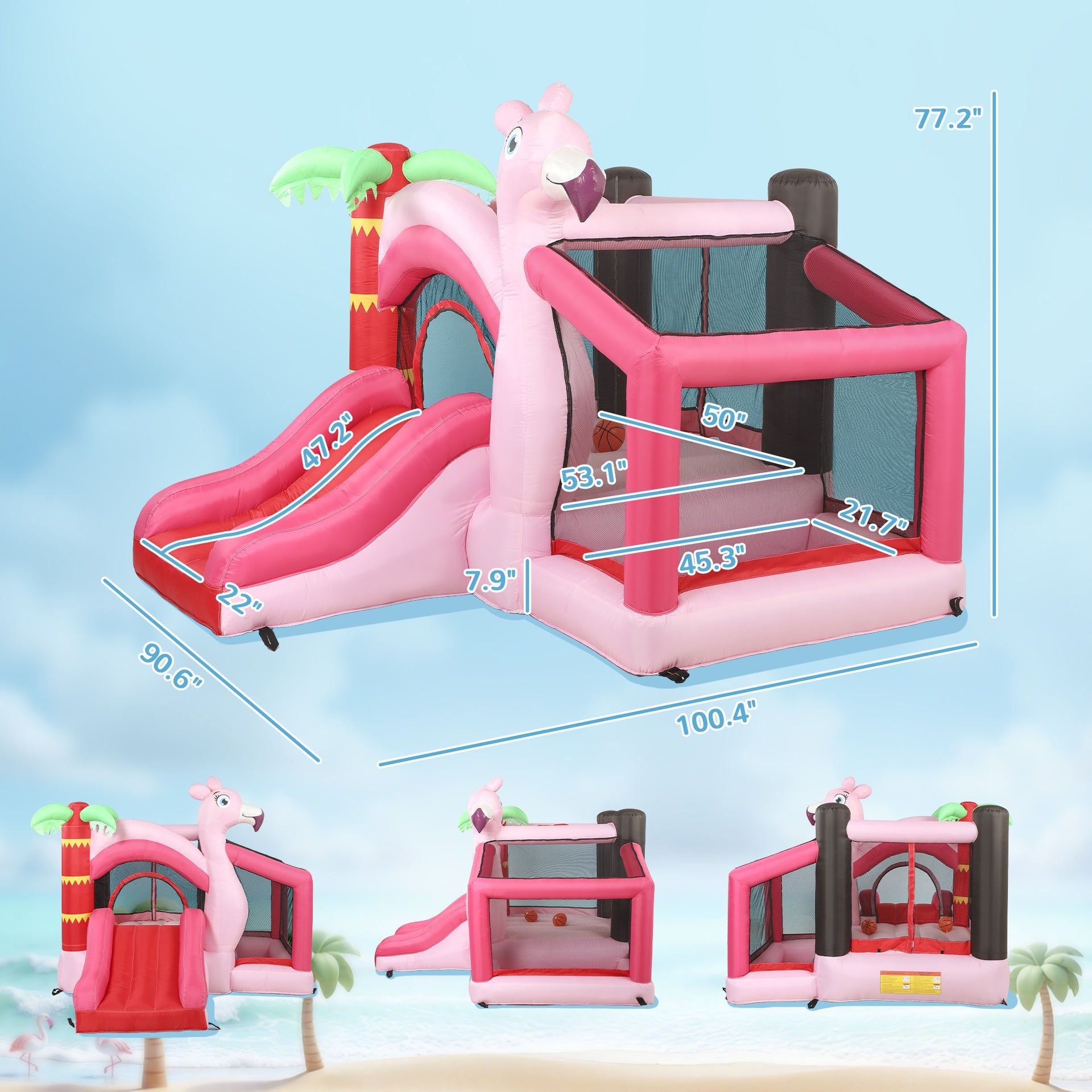 Qaba Inflatable Bounce House with Ball Pool, Basketball Hoop, Jumping Bouncy Castle with Blower for Indoor Outdoor, Pink