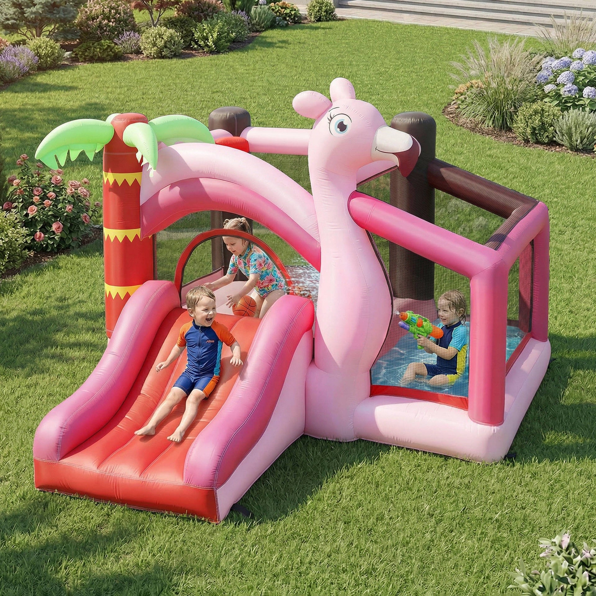 Qaba Inflatable Bounce House with Ball Pool, Basketball Hoop, Jumping Bouncy Castle with Blower for Indoor Outdoor, Pink