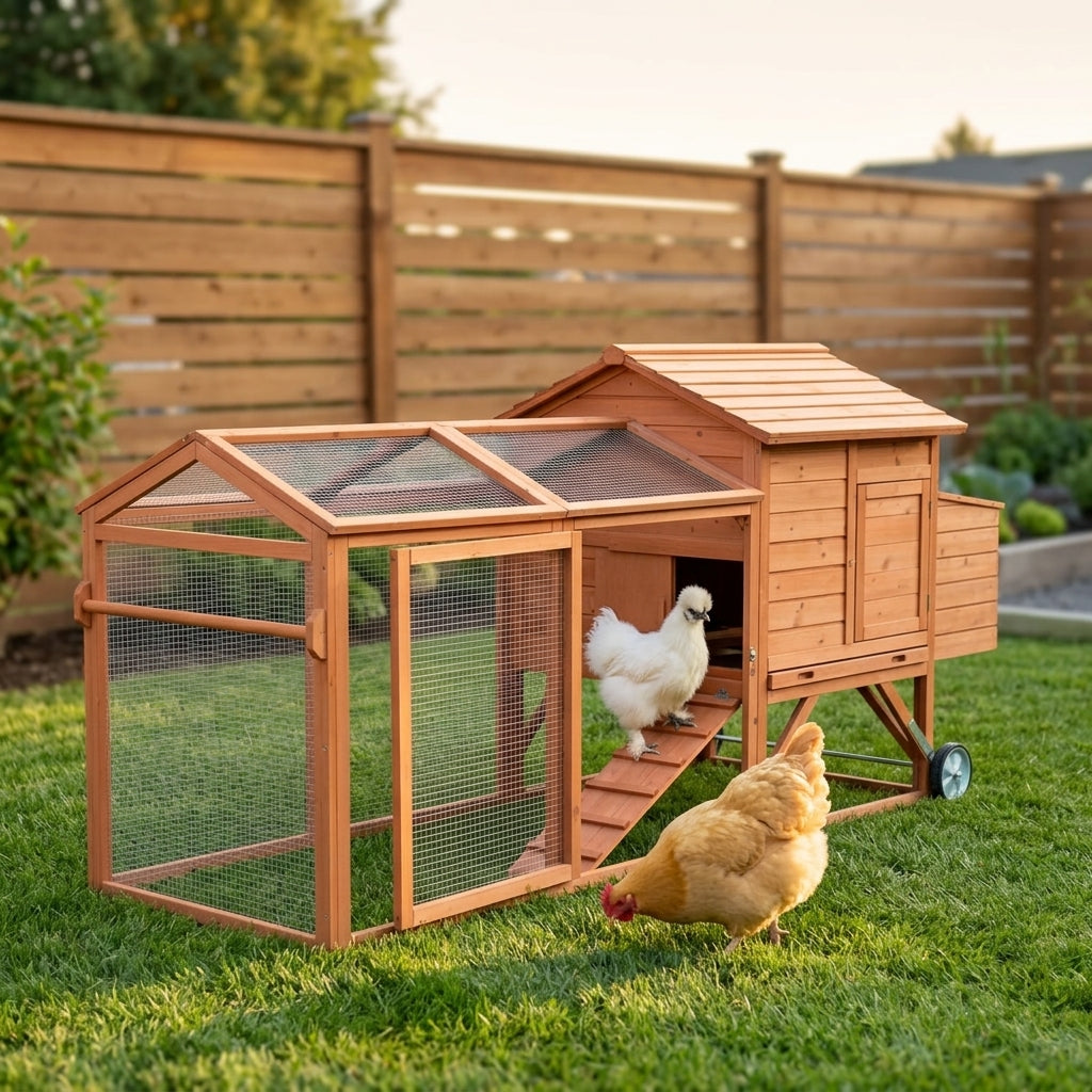 PawHut 96.5" Chicken Coop Wooden Hen House Poultry Cage Pen Portable with Wheels and Nesting Box, Chicken Cage for Backyard Outdoor, Natural