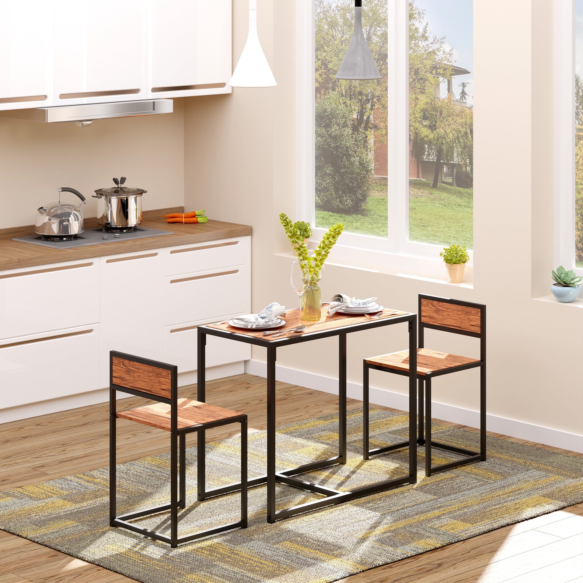 HOMCOM 3-Piece Industrial Dining Table Set for 2, Kitchen Table and Chairs, Dining Room Sets for Small Spaces, Rustic Brown