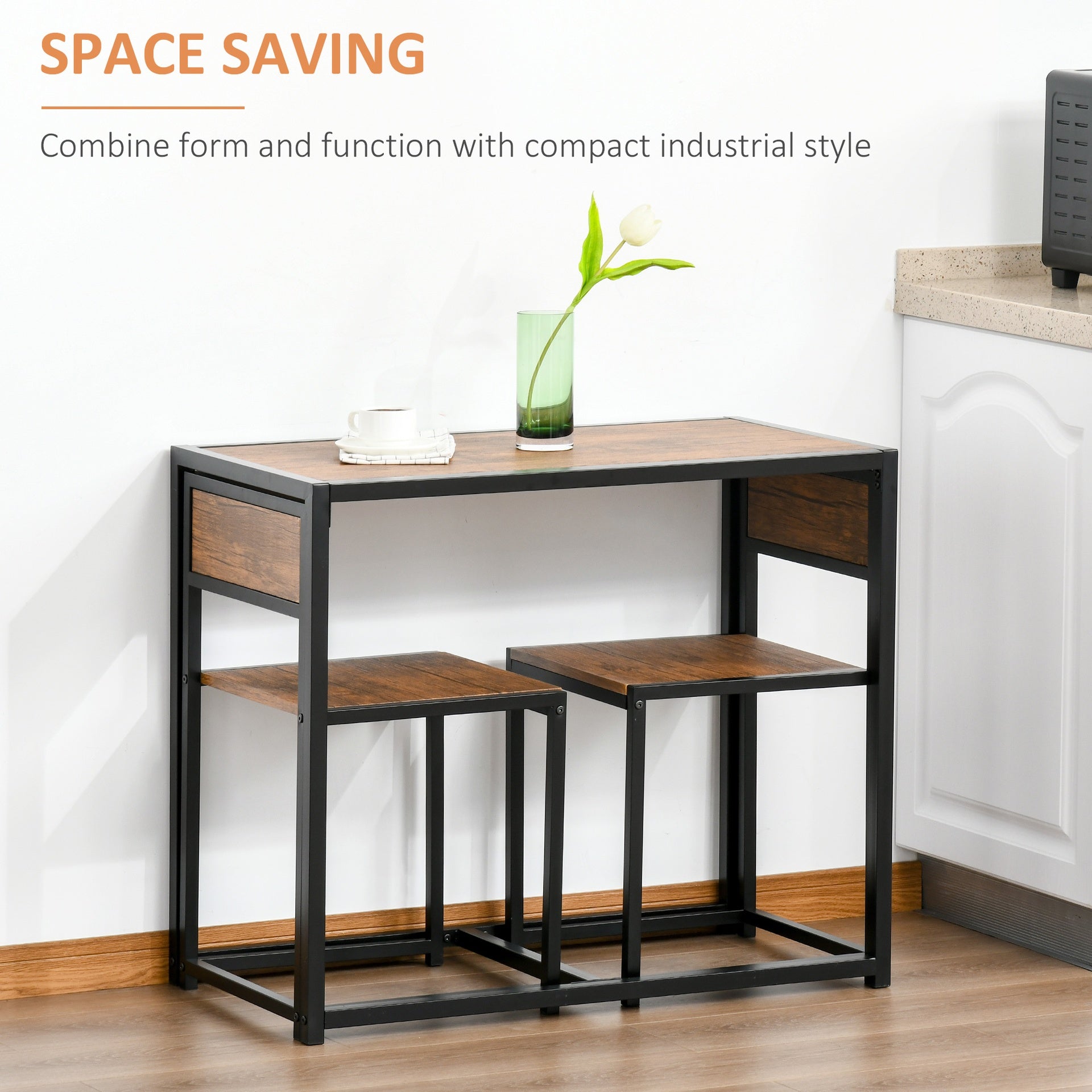 HOMCOM 3-Piece Industrial Dining Table Set for 2, Kitchen Table and Chairs, Dining Room Sets for Small Spaces, Rustic Brown