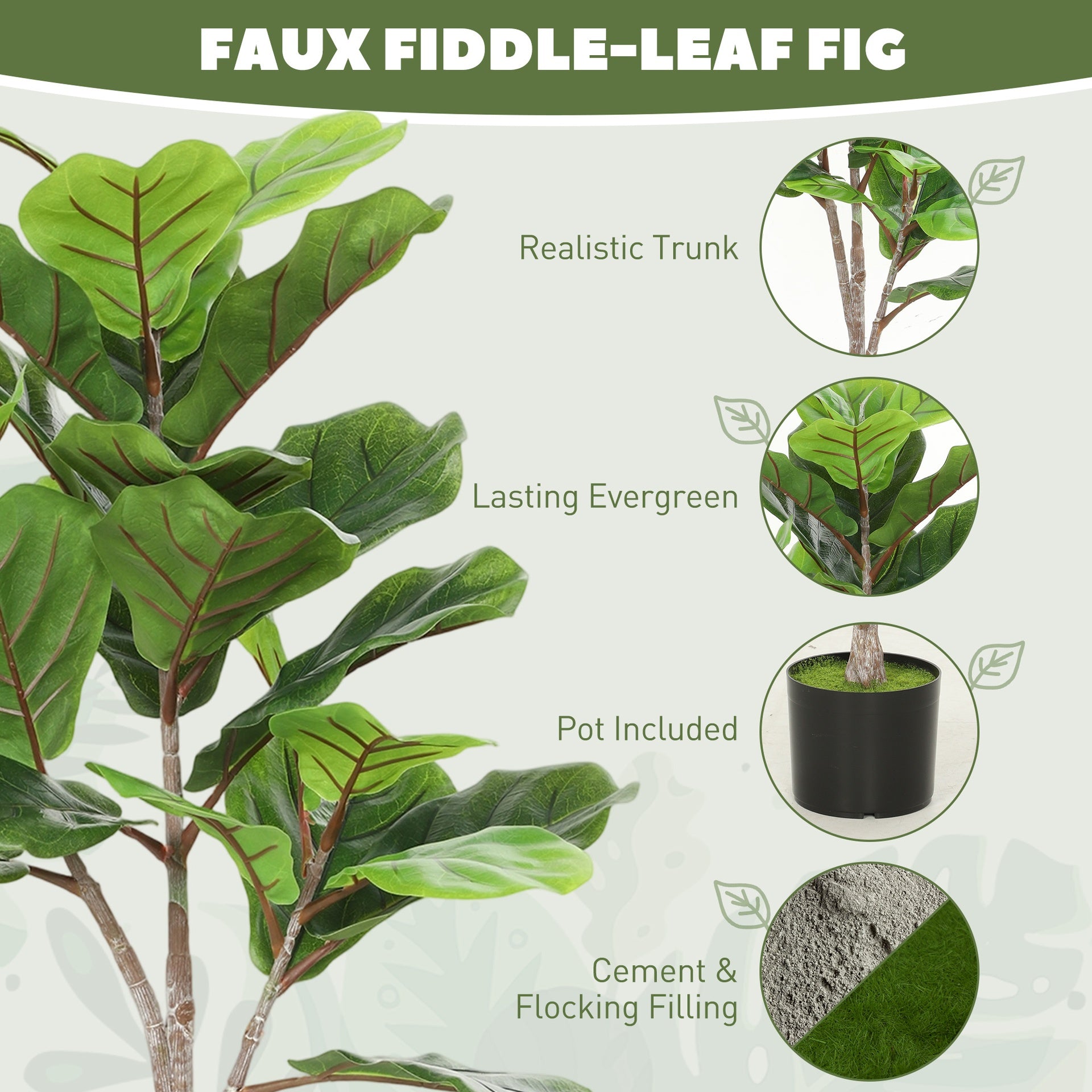 HOMCOM Artificial Fiddle Leaf Fig Tree, 43" Potted Plant with Flocked Soil for Home Office Decor, Green