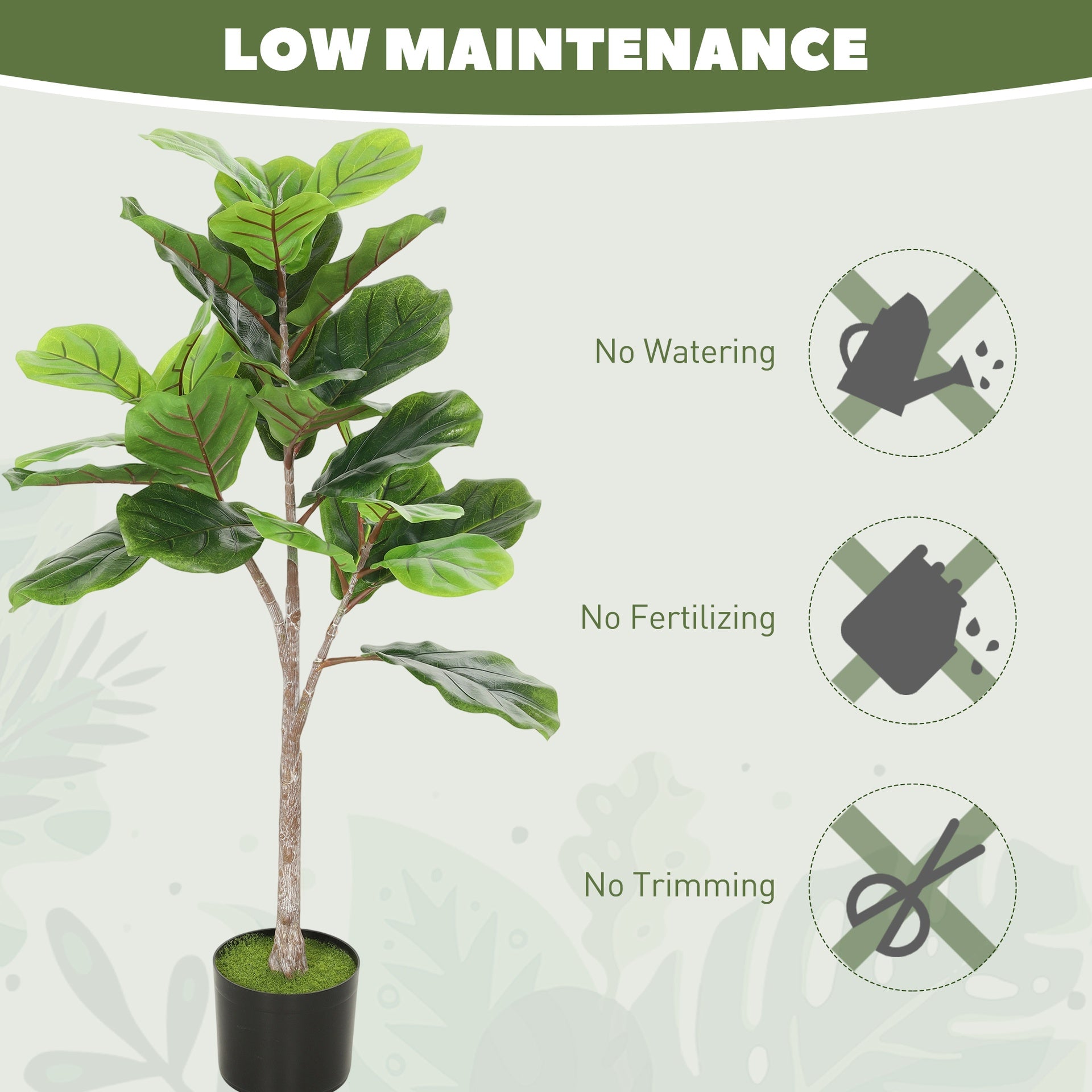HOMCOM Artificial Fiddle Leaf Fig Tree, 43" Potted Plant with Flocked Soil for Home Office Decor, Green