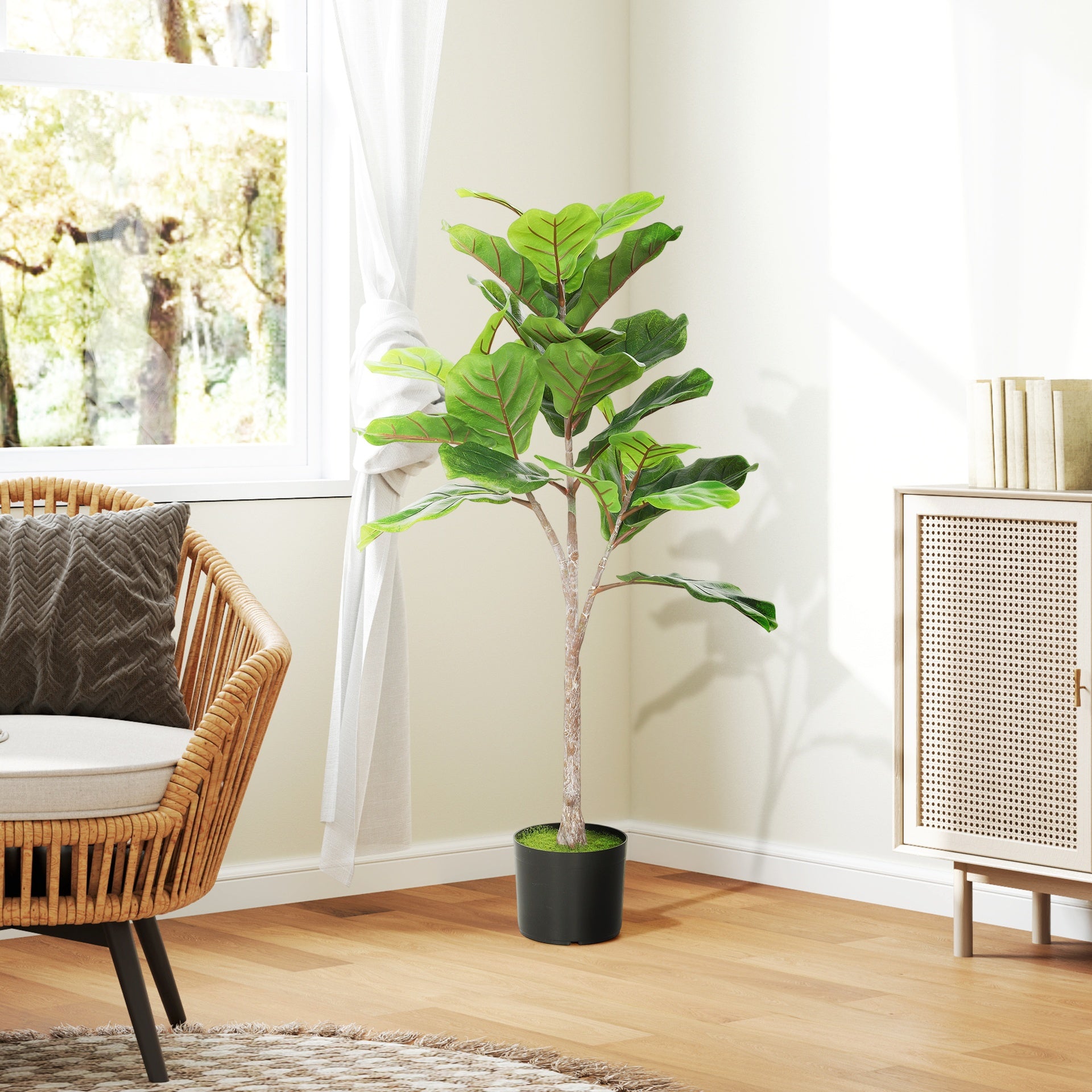 HOMCOM Artificial Fiddle Leaf Fig Tree, 43" Potted Plant with Flocked Soil for Home Office Decor, Green
