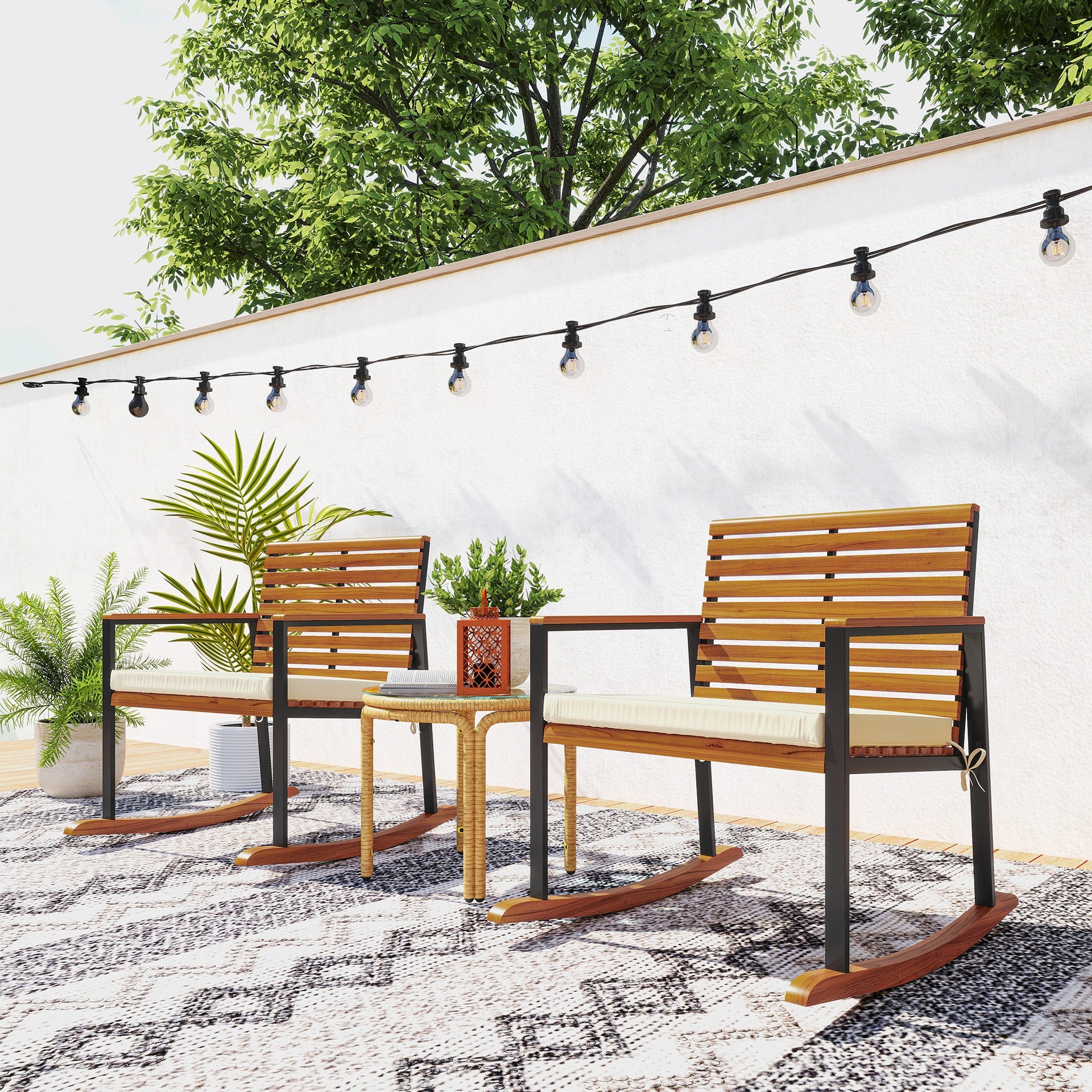 Outsunny Acacia Wood Outdoor Lawn Rocking Chair Set of 2, Outdoor Patio Rocking Chairs with Armrests, Cushion, Cream White