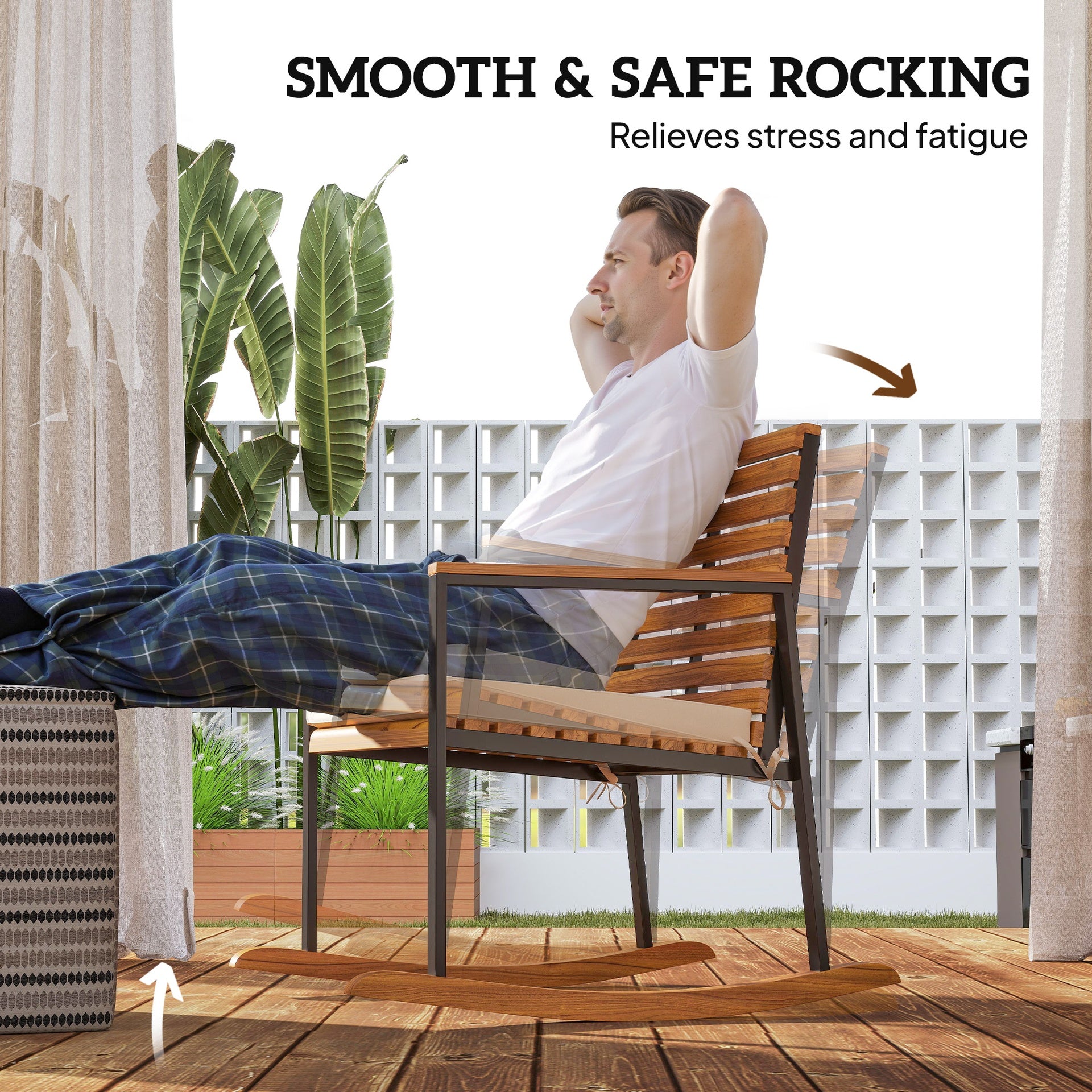 Outsunny Acacia Wood Outdoor Lawn Rocking Chair Set of 2, Outdoor Patio Rocking Chairs with Armrests, Cushion, Cream White