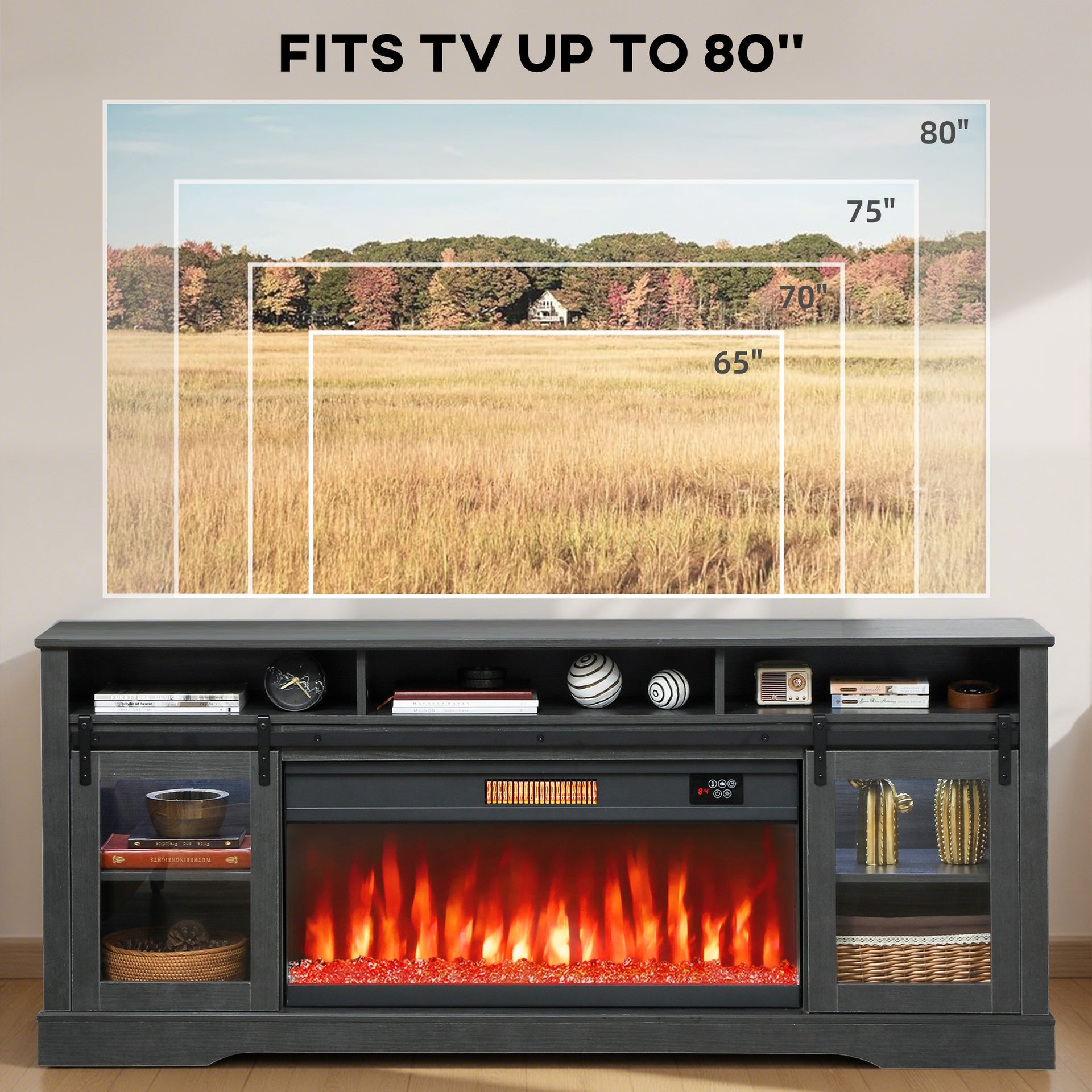 HOMCOM Fireplace TV Stand for TVs Up to 80 Inch, TV Console with Electric Fireplace, Open Storage and Side Cabinets, Gray