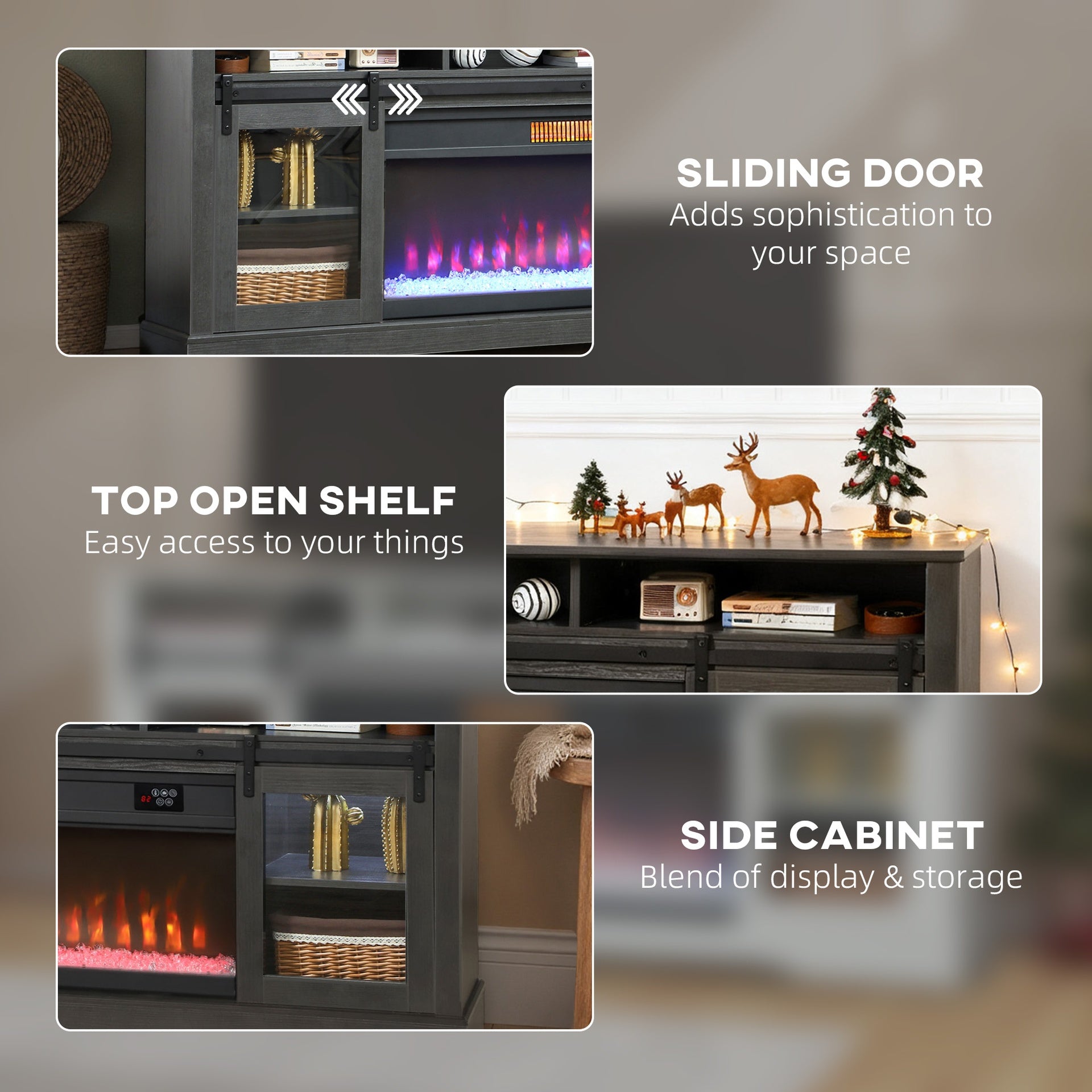 HOMCOM Fireplace TV Stand for TVs Up to 80 Inch, TV Console with Electric Fireplace, Open Storage and Side Cabinets, Gray