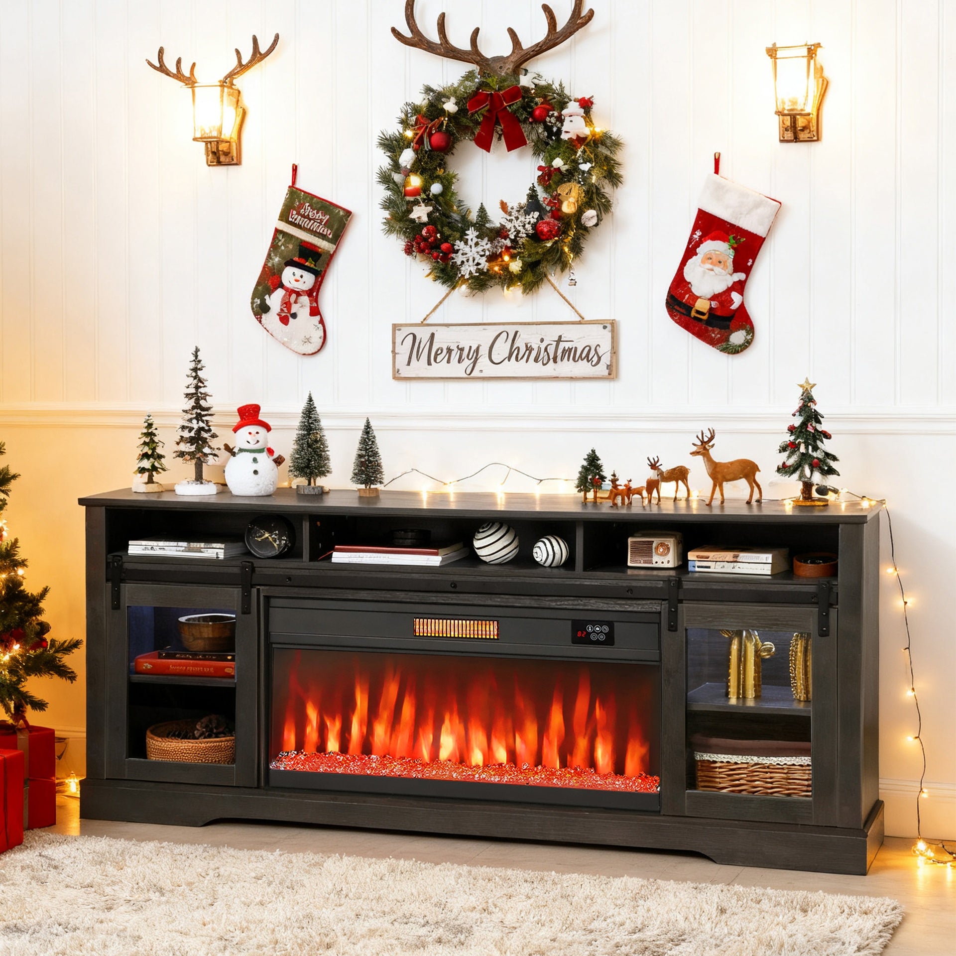 HOMCOM Fireplace TV Stand for TVs Up to 80 Inch, TV Console with Electric Fireplace, Open Storage and Side Cabinets, Gray