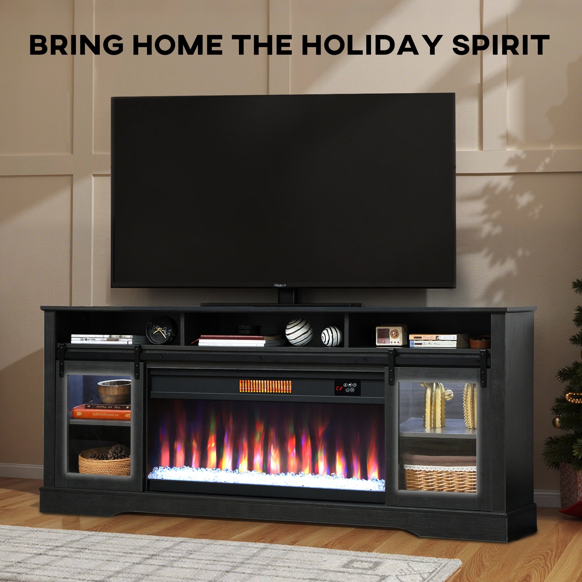 HOMCOM Fireplace TV Stand for TVs Up to 80 Inch, TV Console with Electric Fireplace, Open Storage and Side Cabinets, Gray