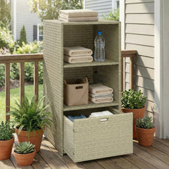 Outsunny Valet Pool Towel Rack, Water-Resistant PE Plastic Rattan Wicker Storage Organizer, 2 Shelves, 1 Basket Drawer