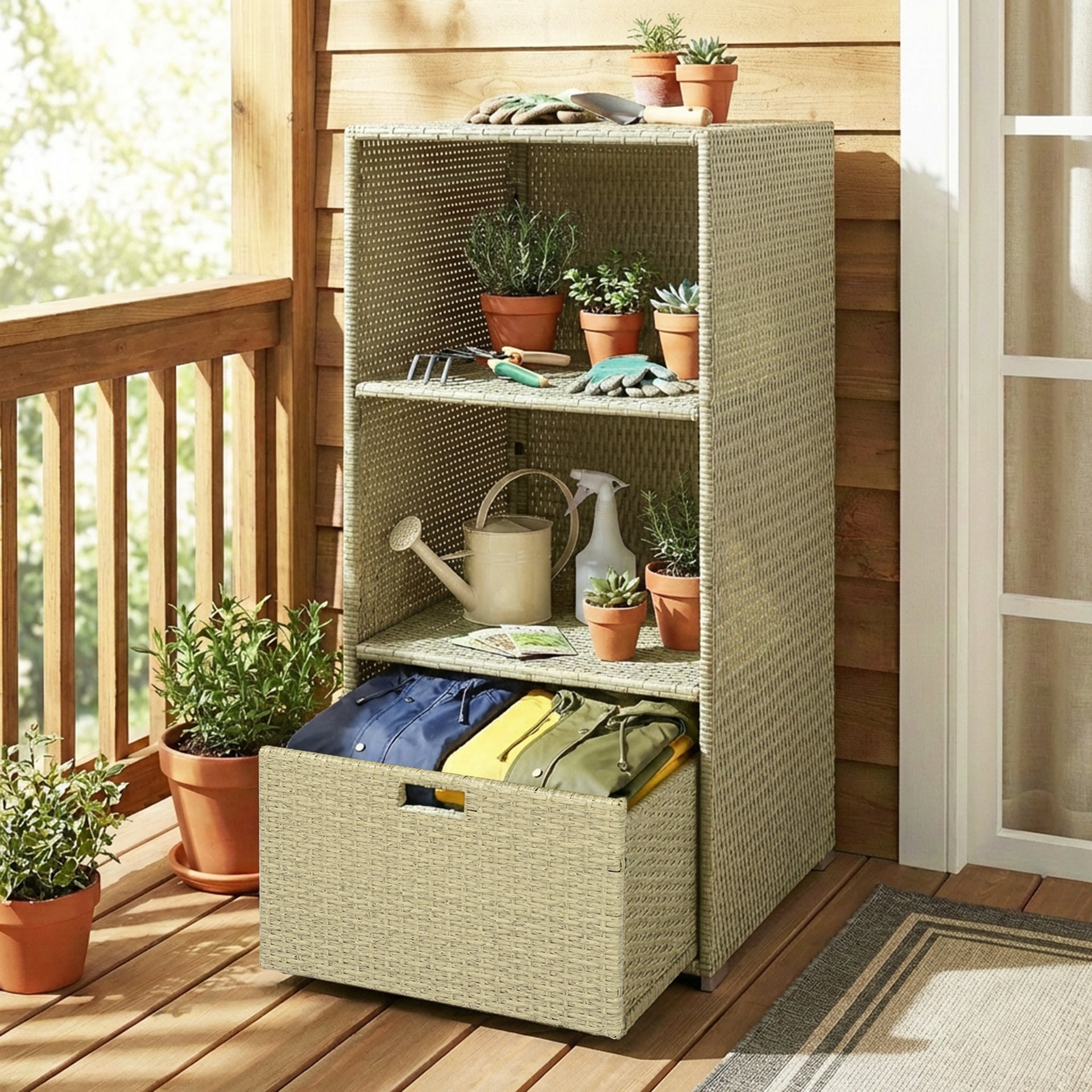 Outsunny Valet Pool Towel Rack, Water-Resistant PE Plastic Rattan Wicker Storage Organizer, 2 Shelves, 1 Basket Drawer