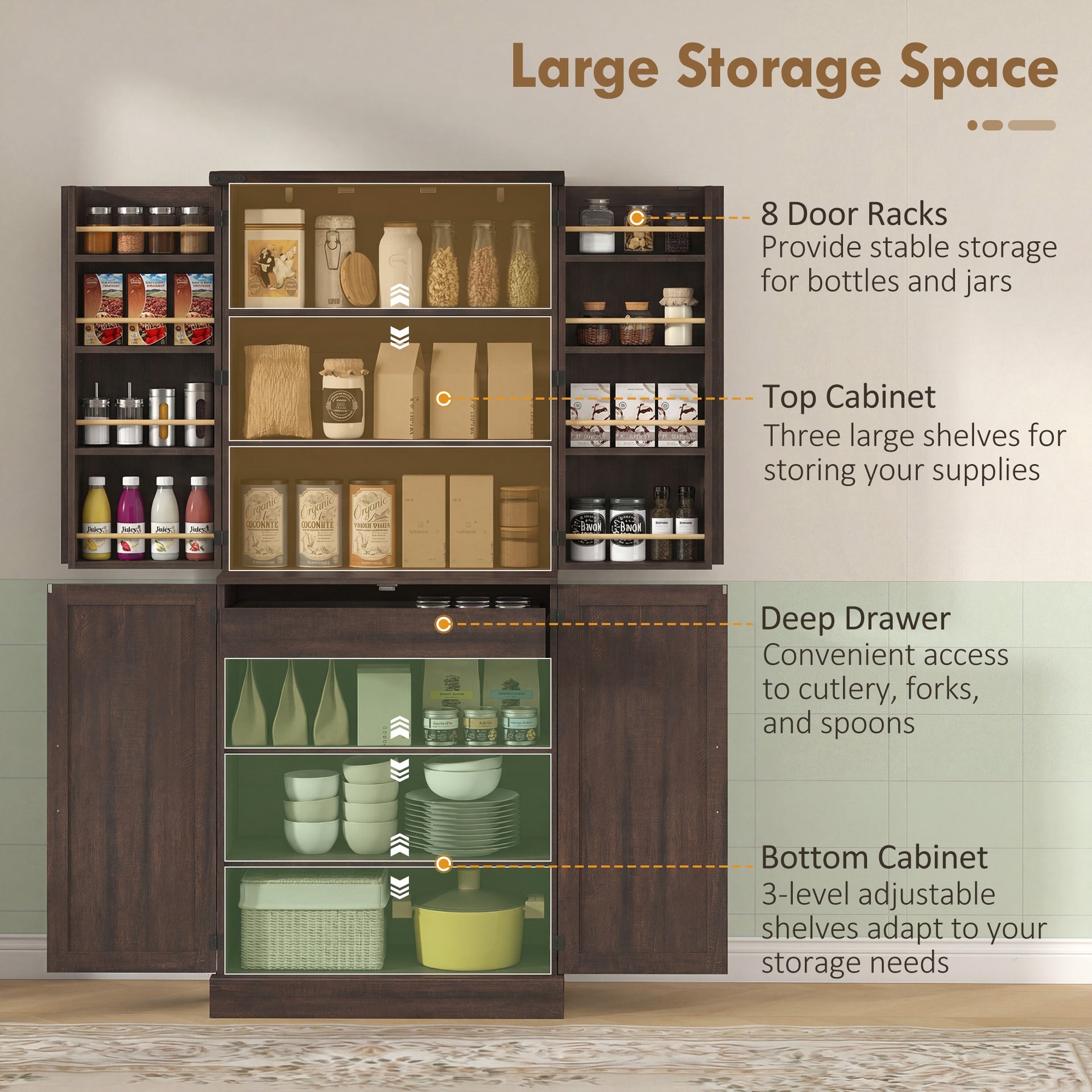 HOMCOM 72" Tall Kitchen Pantry Cabinet, Farmhouse Storage Cabinet with 8 Door Racks and Adjustable Shelves, Distressed Brown
