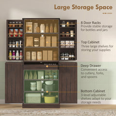 HOMCOM 72" Tall Kitchen Pantry Cabinet, Farmhouse Storage Cabinet with 8 Door Racks and Adjustable Shelves, Distressed Brown