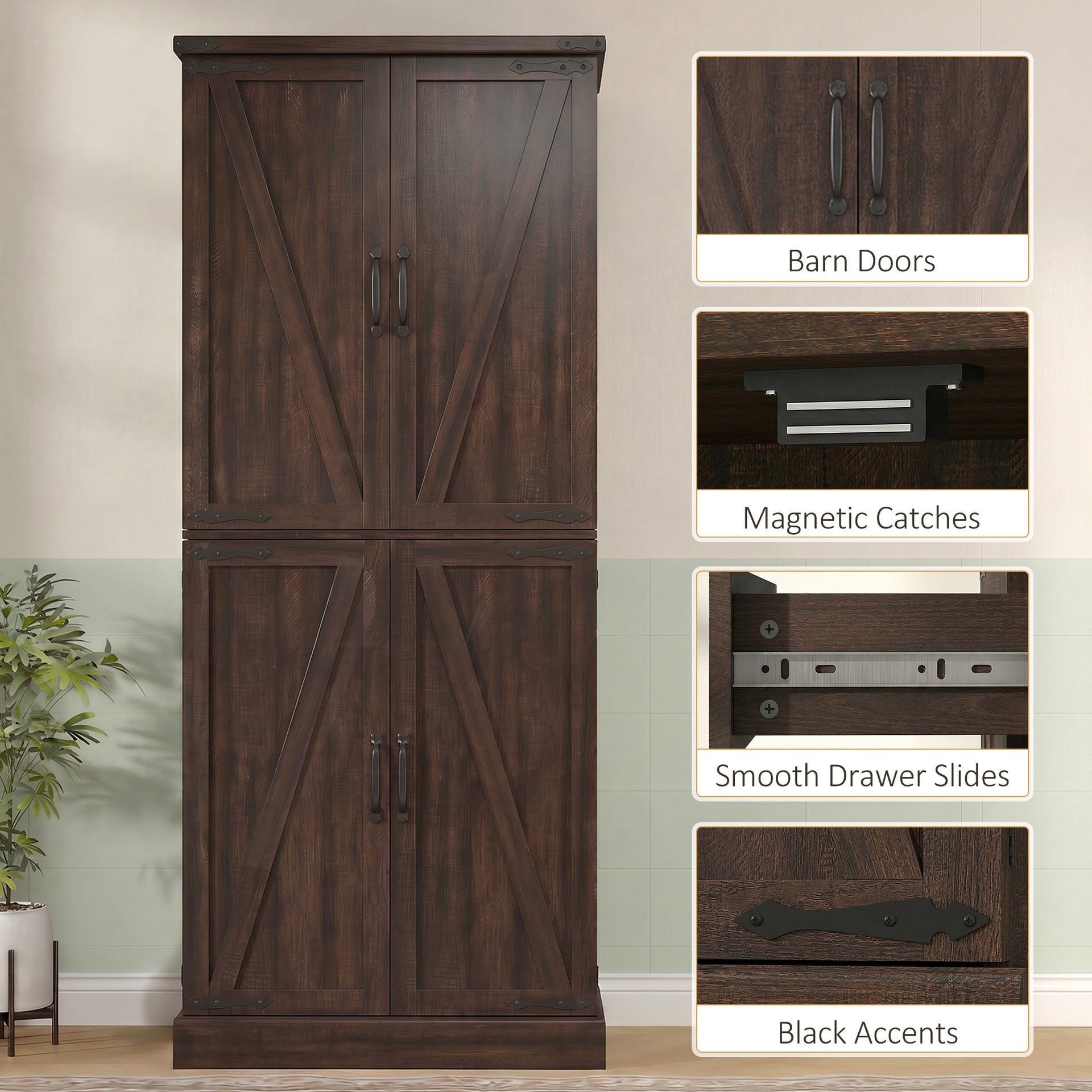 HOMCOM 72" Tall Kitchen Pantry Cabinet, Farmhouse Storage Cabinet with 8 Door Racks and Adjustable Shelves, Distressed Brown