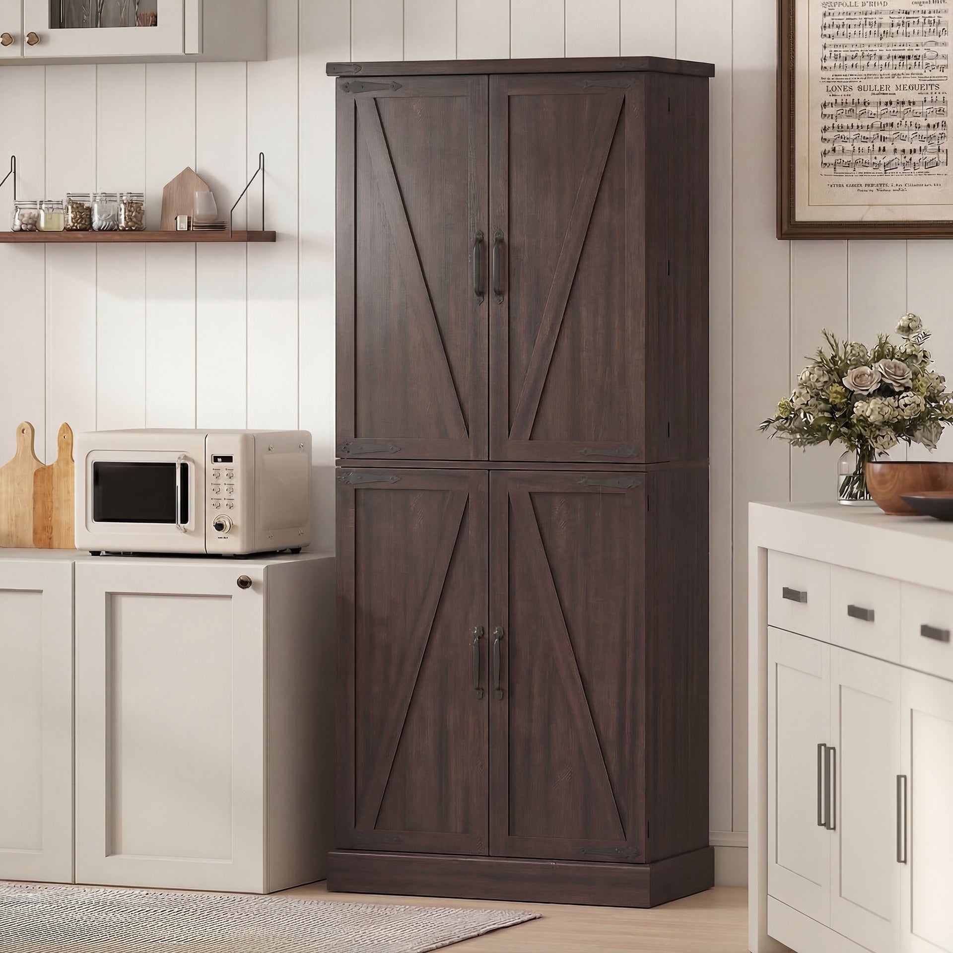 HOMCOM 72" Tall Kitchen Pantry Cabinet, Farmhouse Storage Cabinet with 8 Door Racks and Adjustable Shelves, Distressed Brown