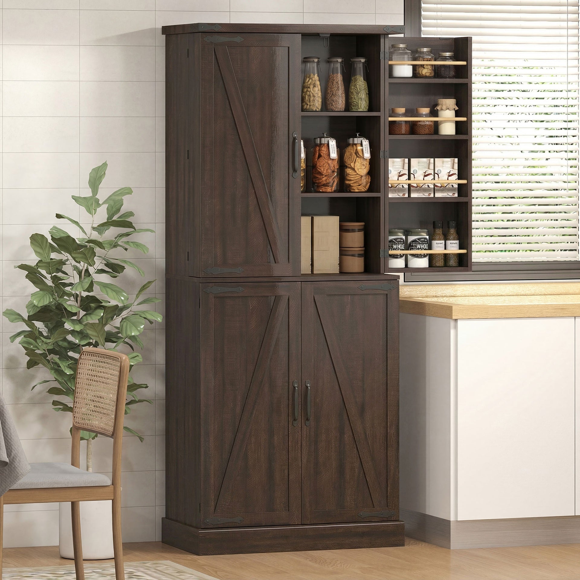 HOMCOM 72" Tall Kitchen Pantry Cabinet, Farmhouse Storage Cabinet with 8 Door Racks and Adjustable Shelves, Distressed Brown