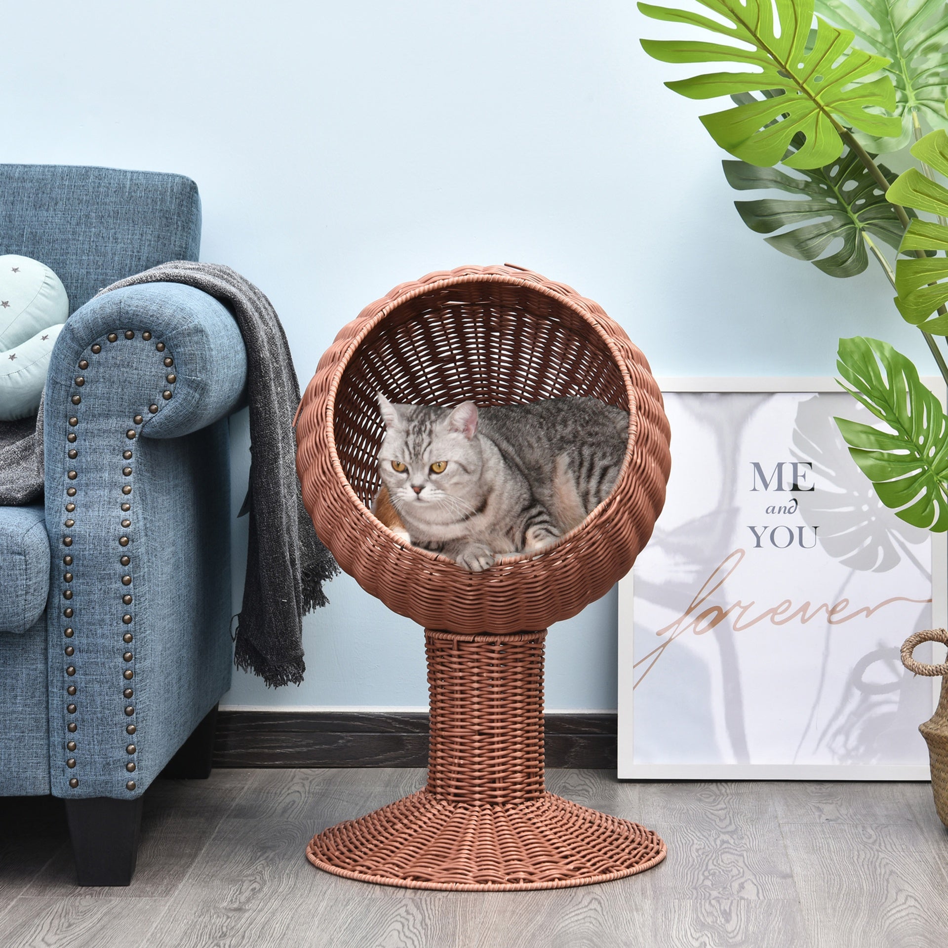PawHut Elevated Cat Bed with Rotatable Egg Chair Pod, Cat Basket Bed with Thick Cushion, Natural Mat Grass Woven Kitty House, Brown