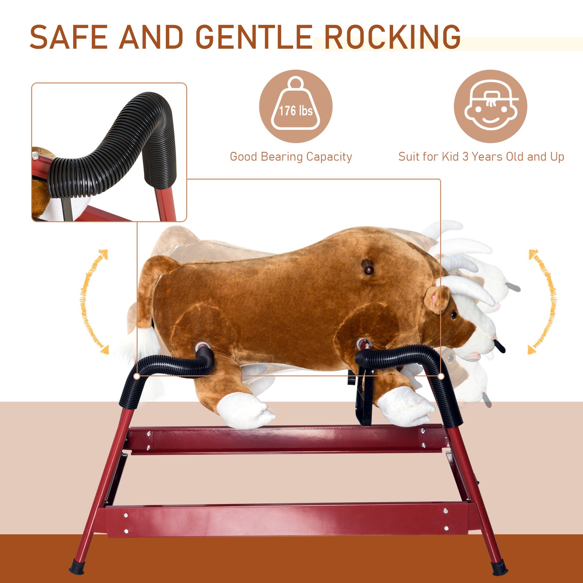 Qaba Kids Spring Rocking Horse Rodeo Bull Style with Realistic Sounds for Children over 3 Years Old