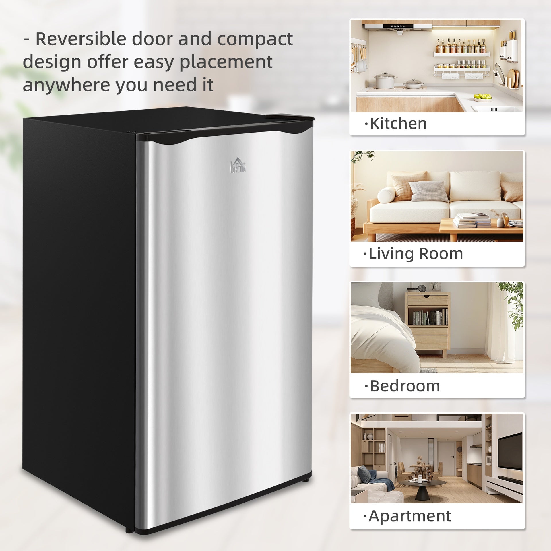 HOMCOM 3.2 Cu.Ft Mini Fridge with Freezer, Compact Refrigerator with Adjustable Thermostat, Shelf and Single Reversible Door for Bedroom, Dorm, Home Office, Energy Efficient, Silver