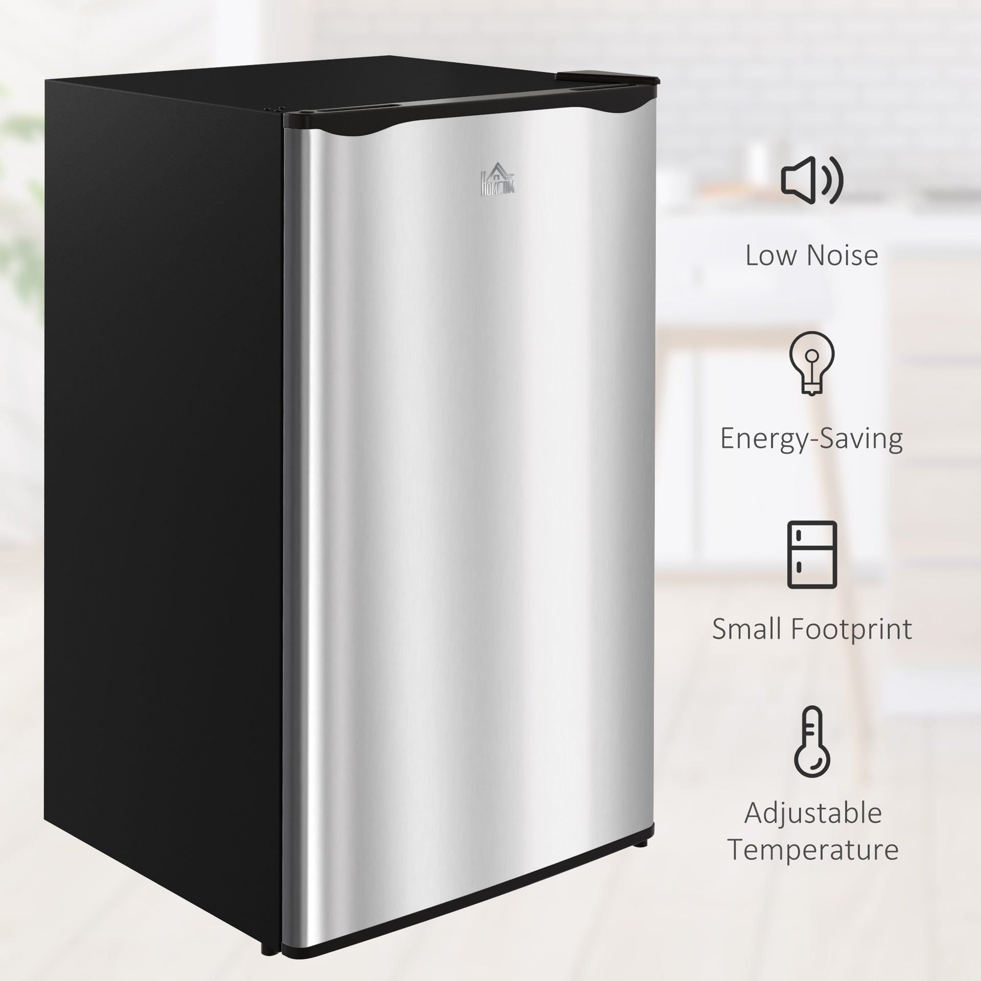 HOMCOM 3.2 Cu.Ft Mini Fridge with Freezer, Compact Refrigerator with Adjustable Thermostat, Shelf and Single Reversible Door for Bedroom, Dorm, Home Office, Energy Efficient, Silver