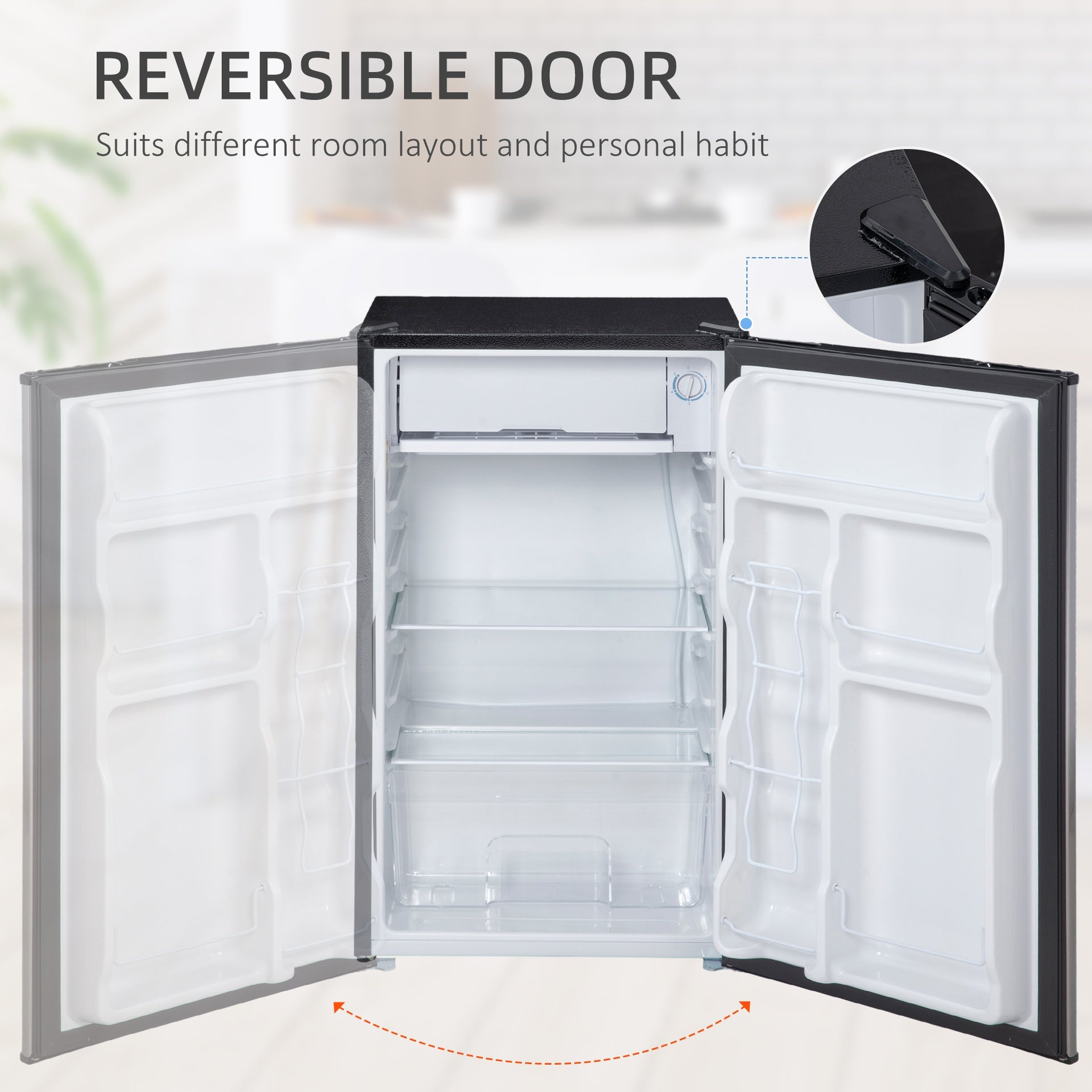 HOMCOM 3.2 Cu.Ft Mini Fridge with Freezer, Compact Refrigerator with Adjustable Thermostat, Shelf and Single Reversible Door for Bedroom, Dorm, Home Office, Energy Efficient, Silver