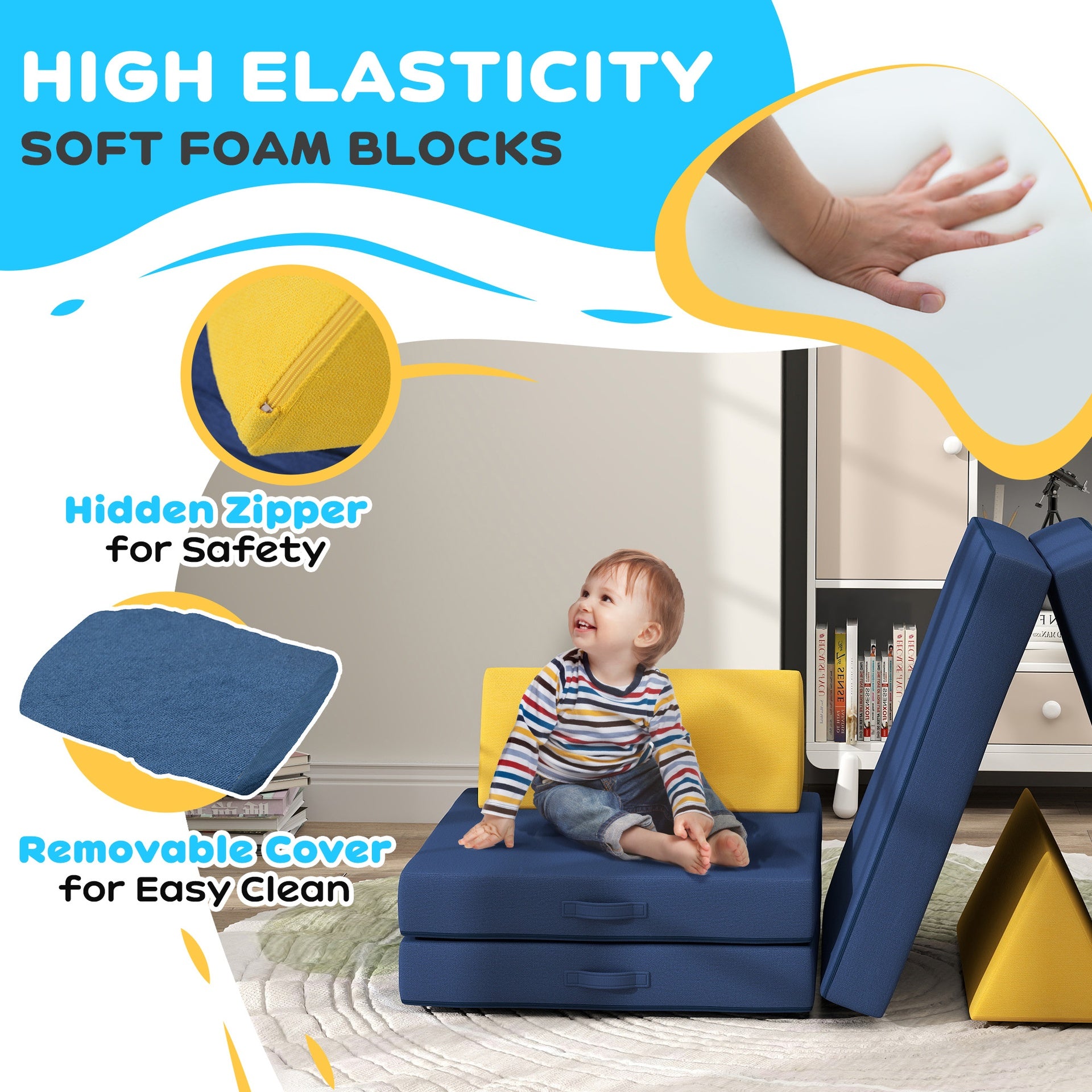 Qaba 6 Pieces Foam Climbing Blocks for Toddlers with Washable Cover, Climb and Crawl, Blue