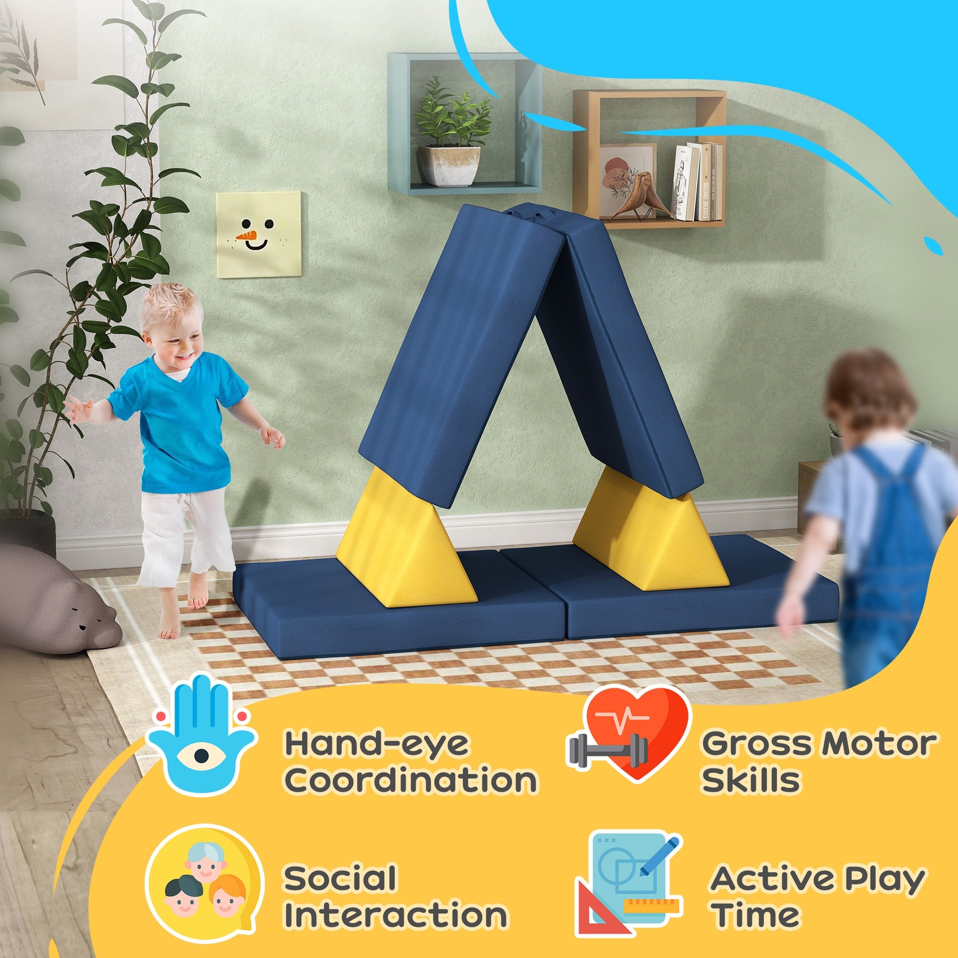 Qaba 6 Pieces Foam Climbing Blocks for Toddlers with Washable Cover, Climb and Crawl, Blue