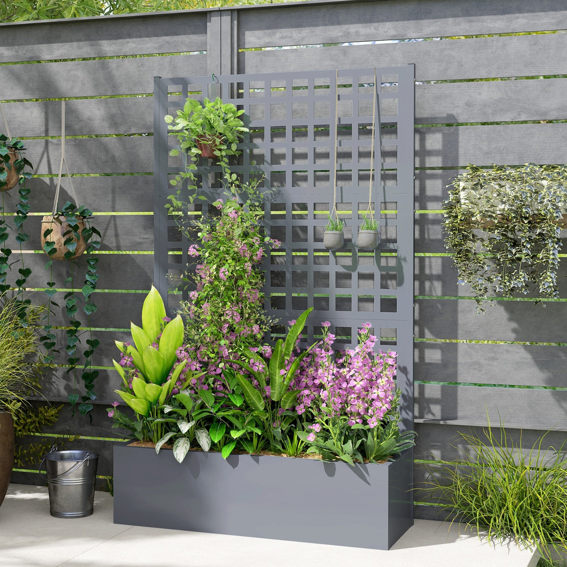 Outsunny Galvanized Raised Garden Bed Planter Box with Trellis for Climbing Plants, Vegetable, Vines, 43" x 16" x 70", Gray