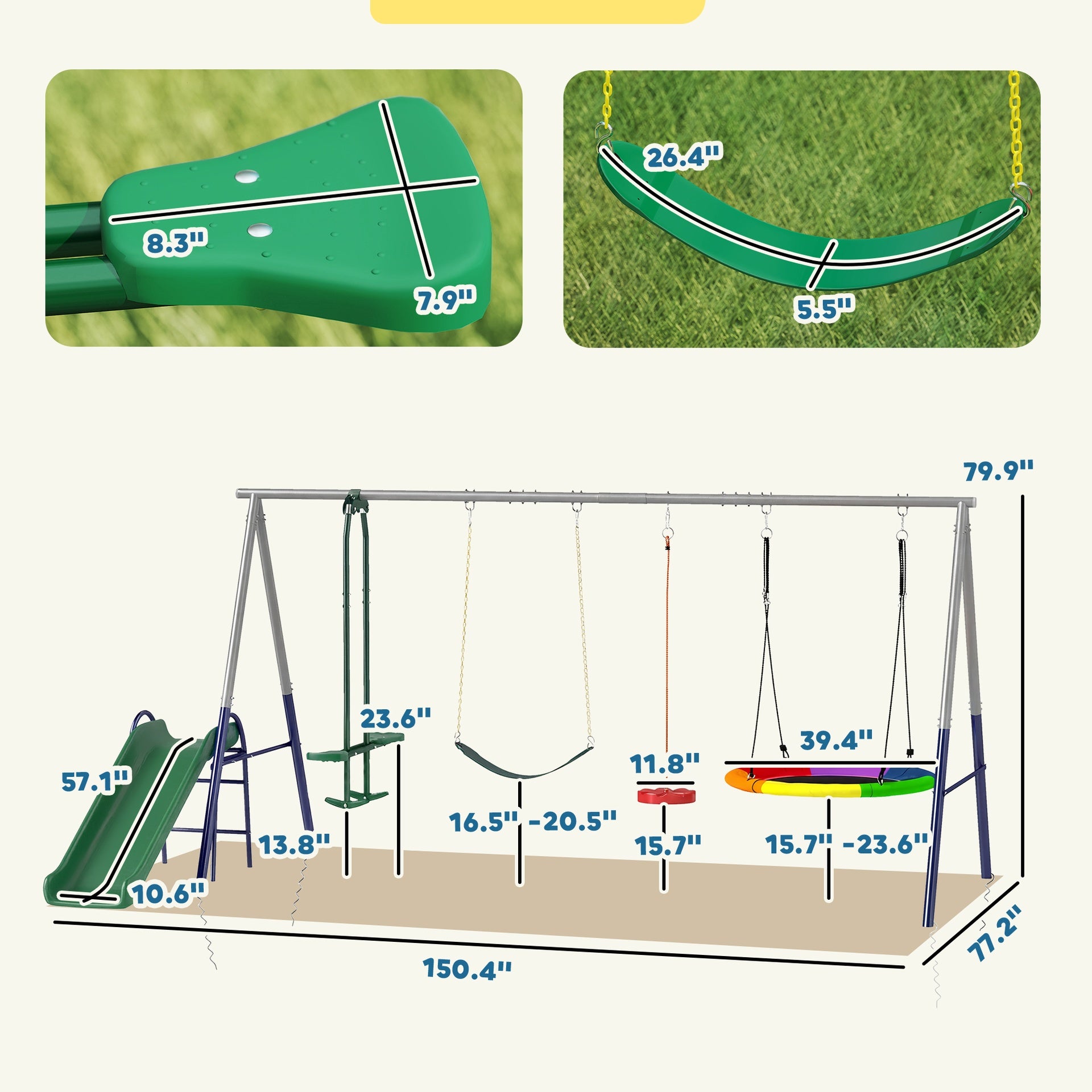 Qaba 5-in-1 Kids Swing Set with Slide, Swings and Glider for Backyard, 770lbs Capacity, for Ages 3-8, Mixed Color