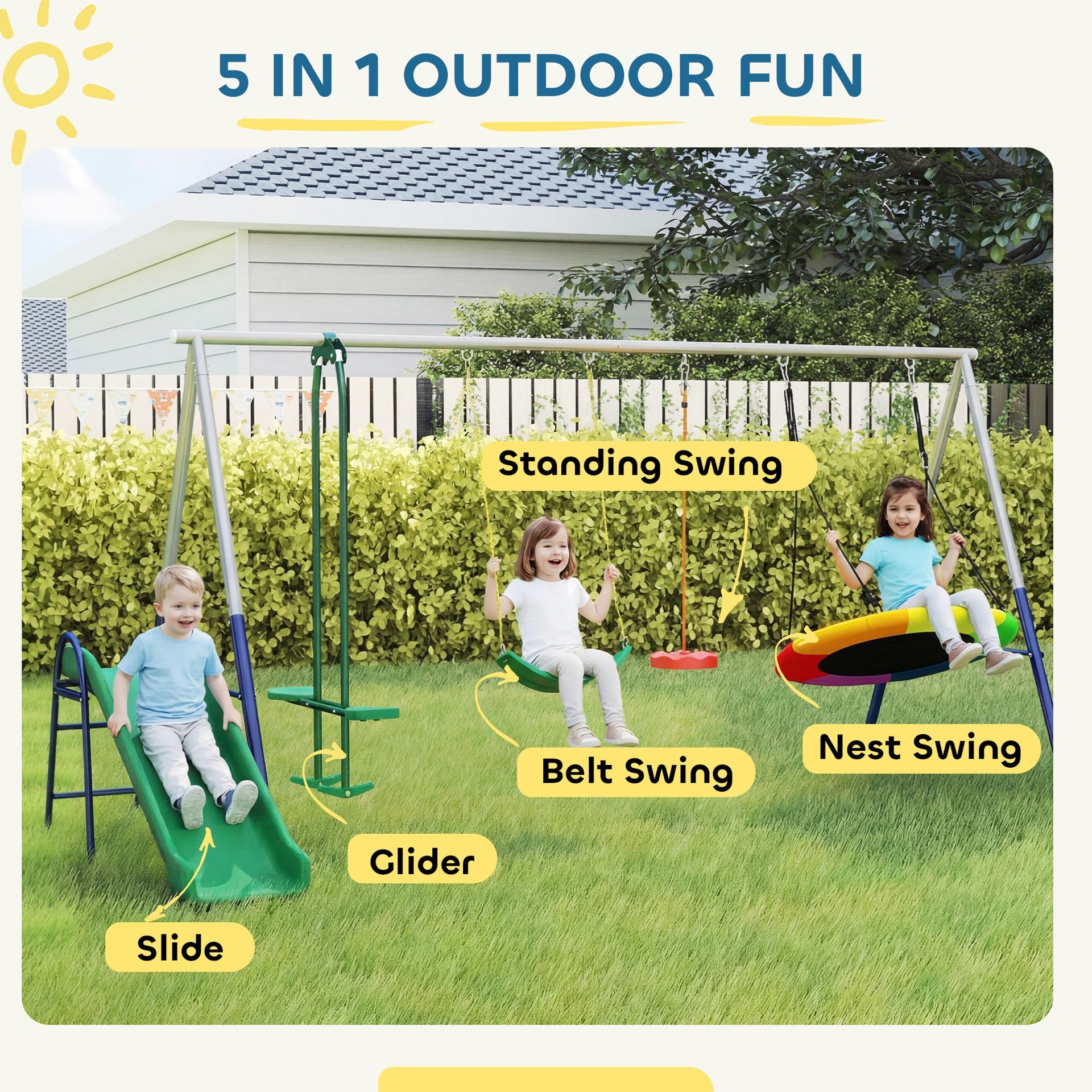 Qaba 5-in-1 Kids Swing Set with Slide, Swings and Glider for Backyard, 770lbs Capacity, for Ages 3-8, Mixed Color