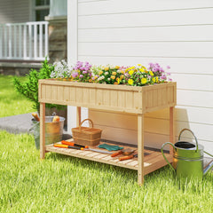 Outsunny 43x18x30in Raised Garden Bed with 8 Pockets and Shelf, Wooden Elevated Planter Box with Legs to Grow Herbs, Vegetables, and Flowers, Natural