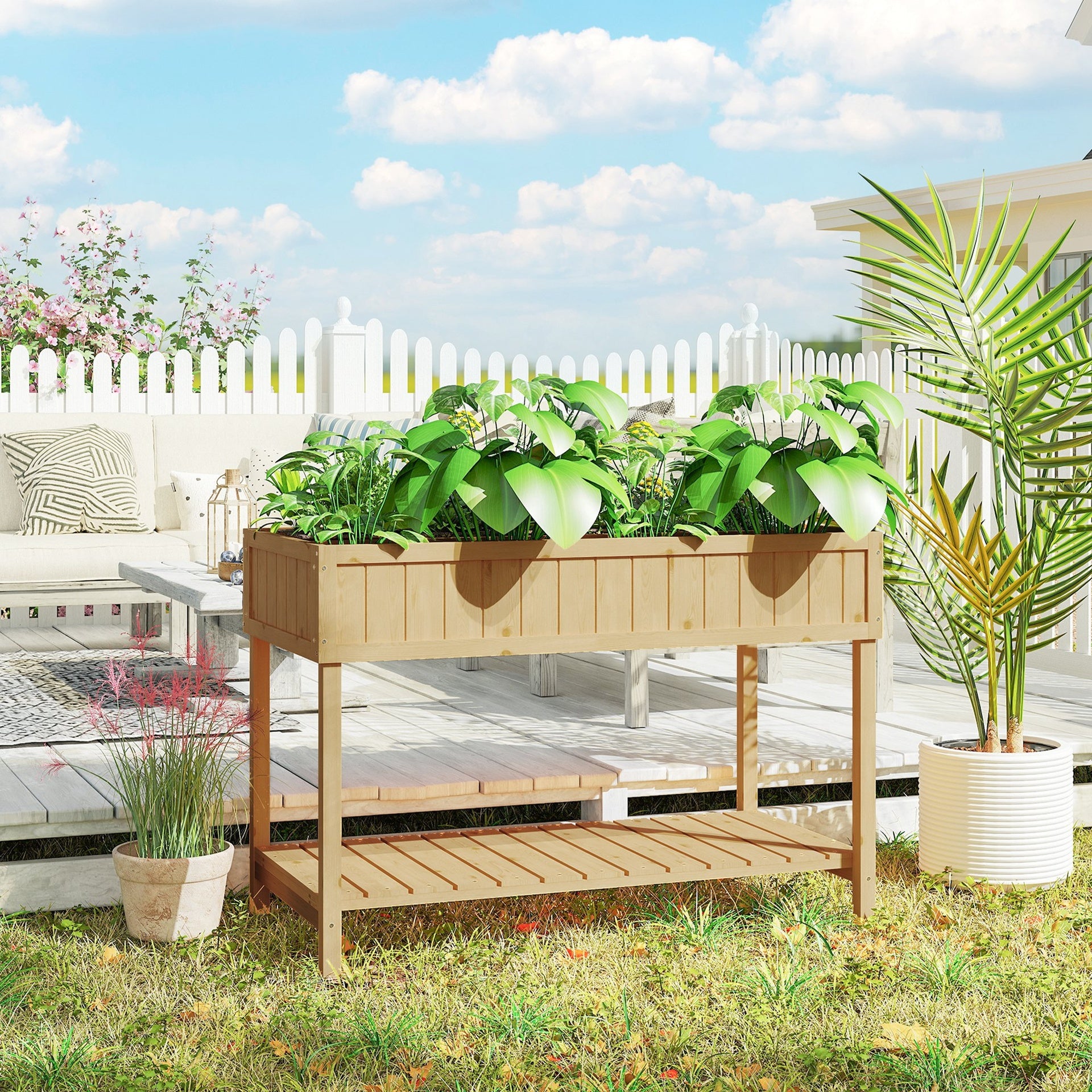 Outsunny 43x18x30in Raised Garden Bed with 8 Pockets and Shelf, Wooden Elevated Planter Box with Legs to Grow Herbs, Vegetables, and Flowers, Natural