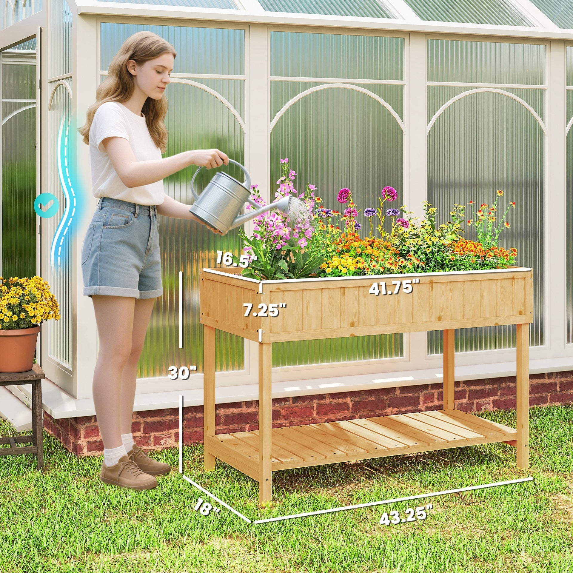 Outsunny 43x18x30in Raised Garden Bed with 8 Pockets and Shelf, Wooden Elevated Planter Box with Legs to Grow Herbs, Vegetables, and Flowers, Natural